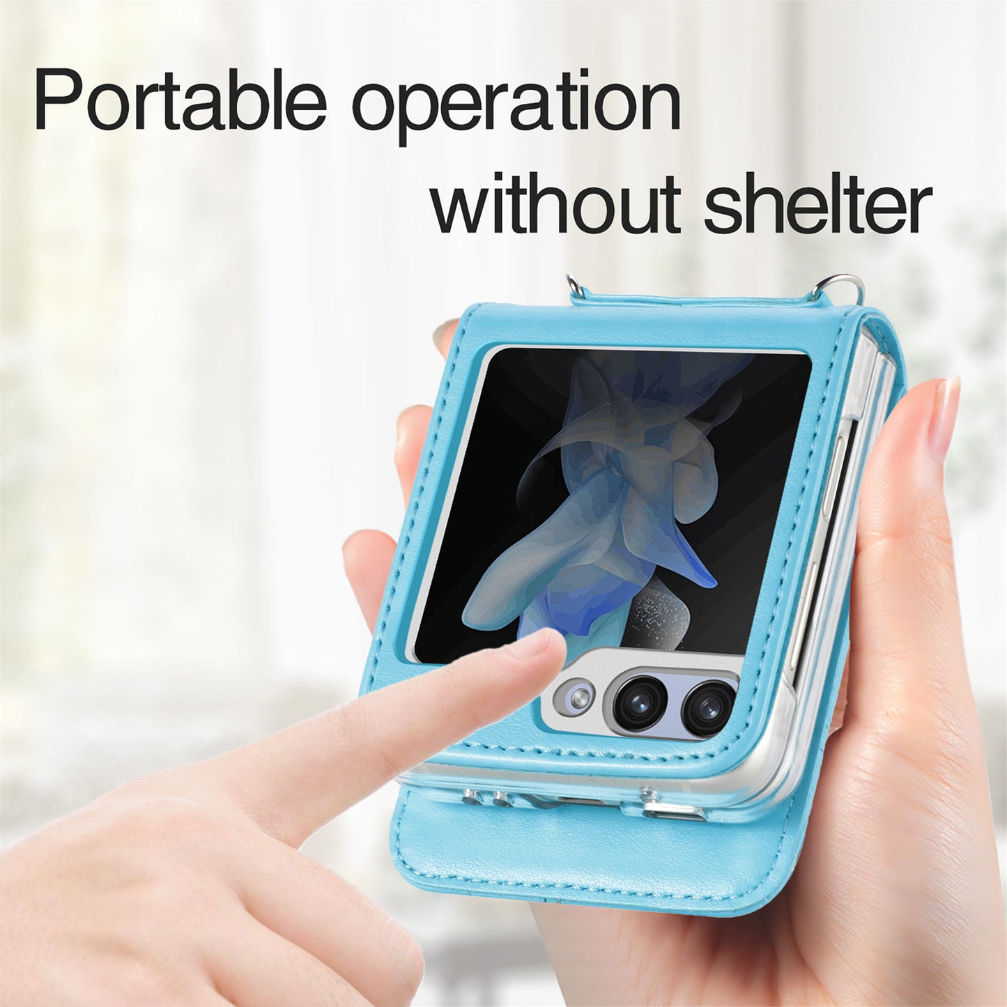 Uniqkart for Samsung Galaxy Z Flip5 5G PU Leather+PC Card Holder Case Flower Imprinted Phone Cover with Shoulder Strap - Blue