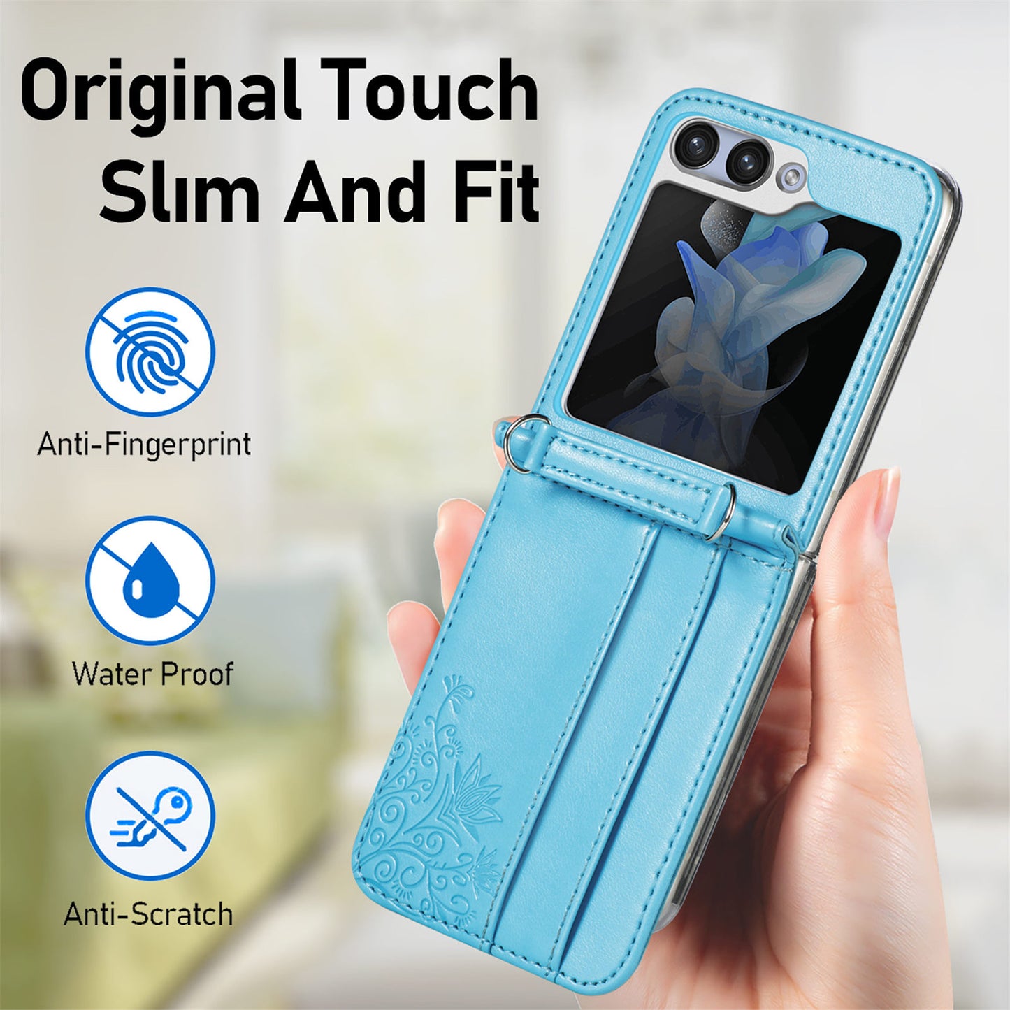 Uniqkart for Samsung Galaxy Z Flip5 5G PU Leather+PC Card Holder Case Flower Imprinted Phone Cover with Shoulder Strap - Blue