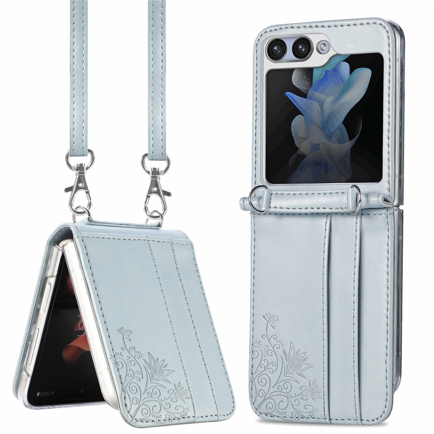 Uniqkart for Samsung Galaxy Z Flip5 5G PU Leather+PC Card Holder Case Flower Imprinted Phone Cover with Shoulder Strap - Grey