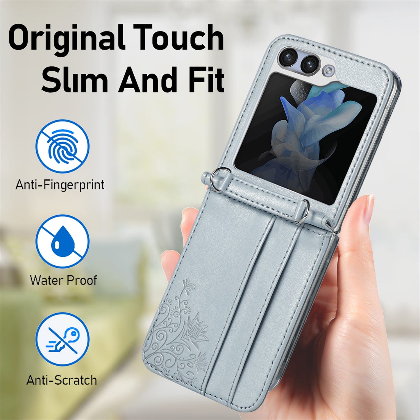 Uniqkart for Samsung Galaxy Z Flip5 5G PU Leather+PC Card Holder Case Flower Imprinted Phone Cover with Shoulder Strap - Grey