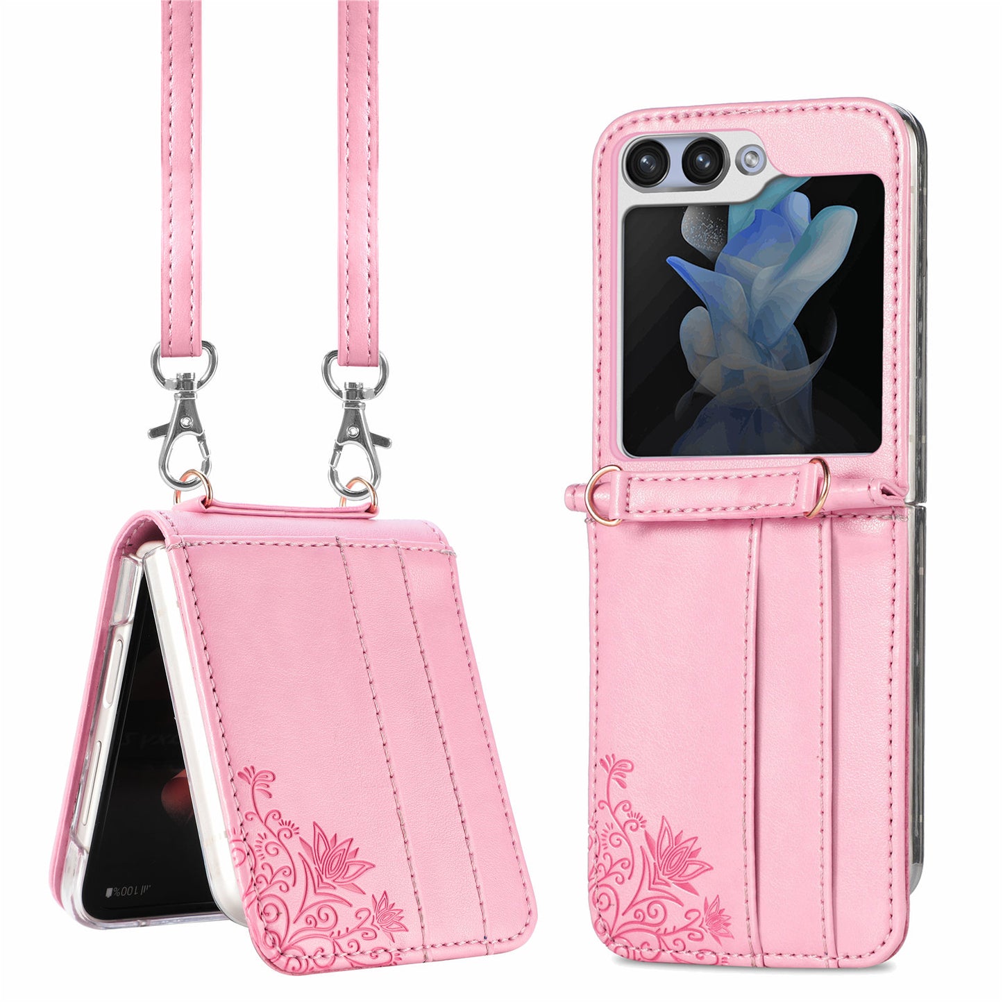 Uniqkart for Samsung Galaxy Z Flip5 5G PU Leather+PC Card Holder Case Flower Imprinted Phone Cover with Shoulder Strap - Pink