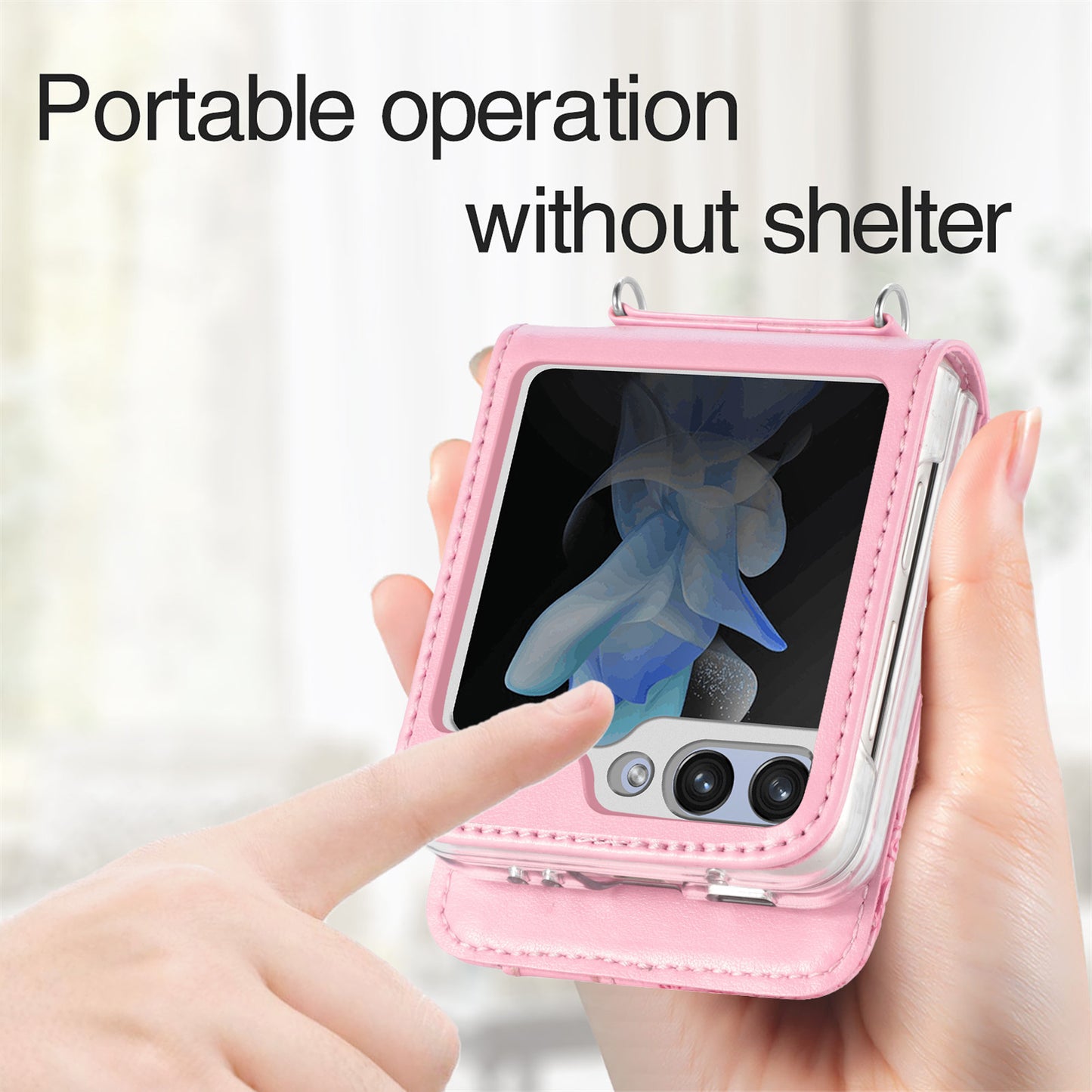 Uniqkart for Samsung Galaxy Z Flip5 5G PU Leather+PC Card Holder Case Flower Imprinted Phone Cover with Shoulder Strap - Pink