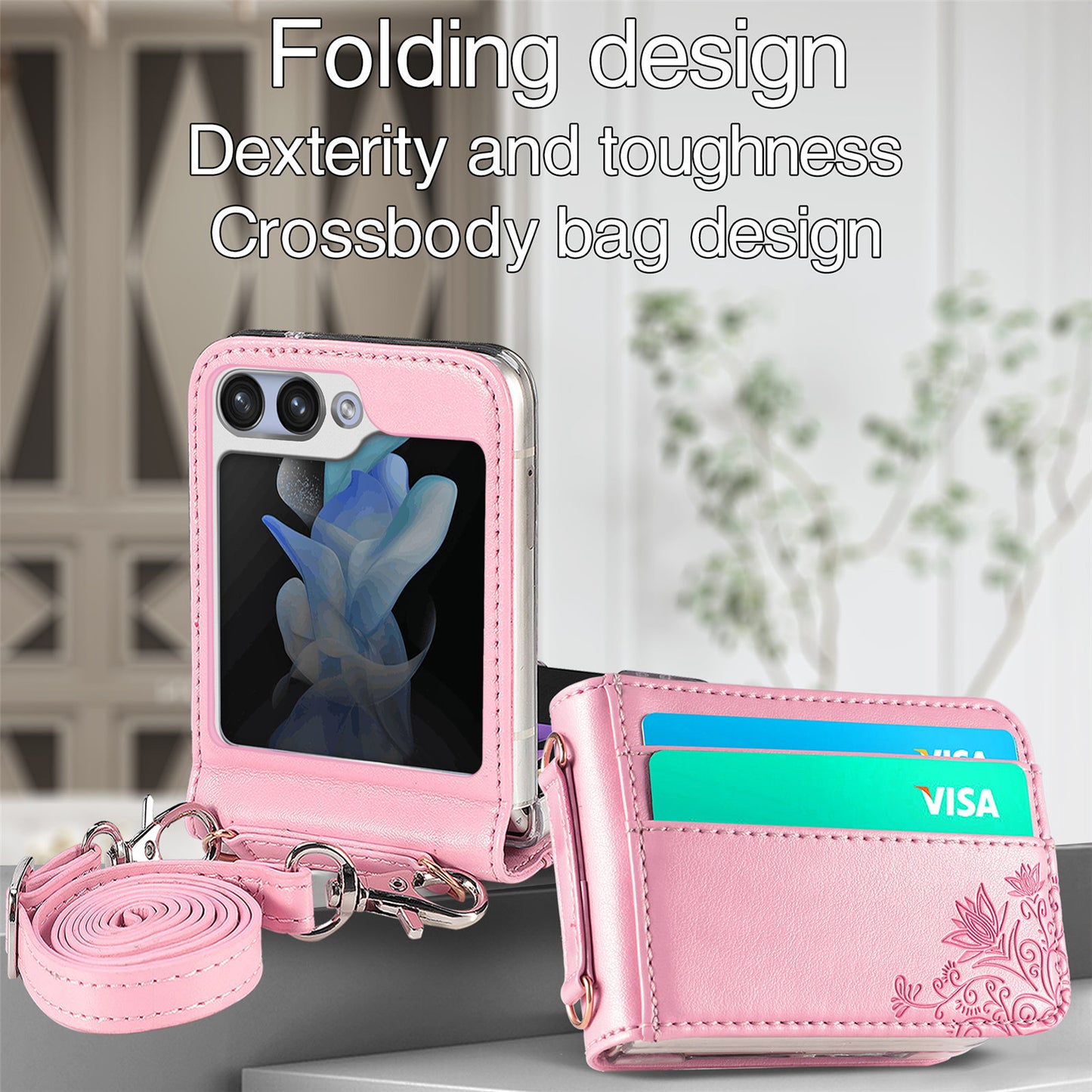 Uniqkart for Samsung Galaxy Z Flip5 5G PU Leather+PC Card Holder Case Flower Imprinted Phone Cover with Shoulder Strap - Pink