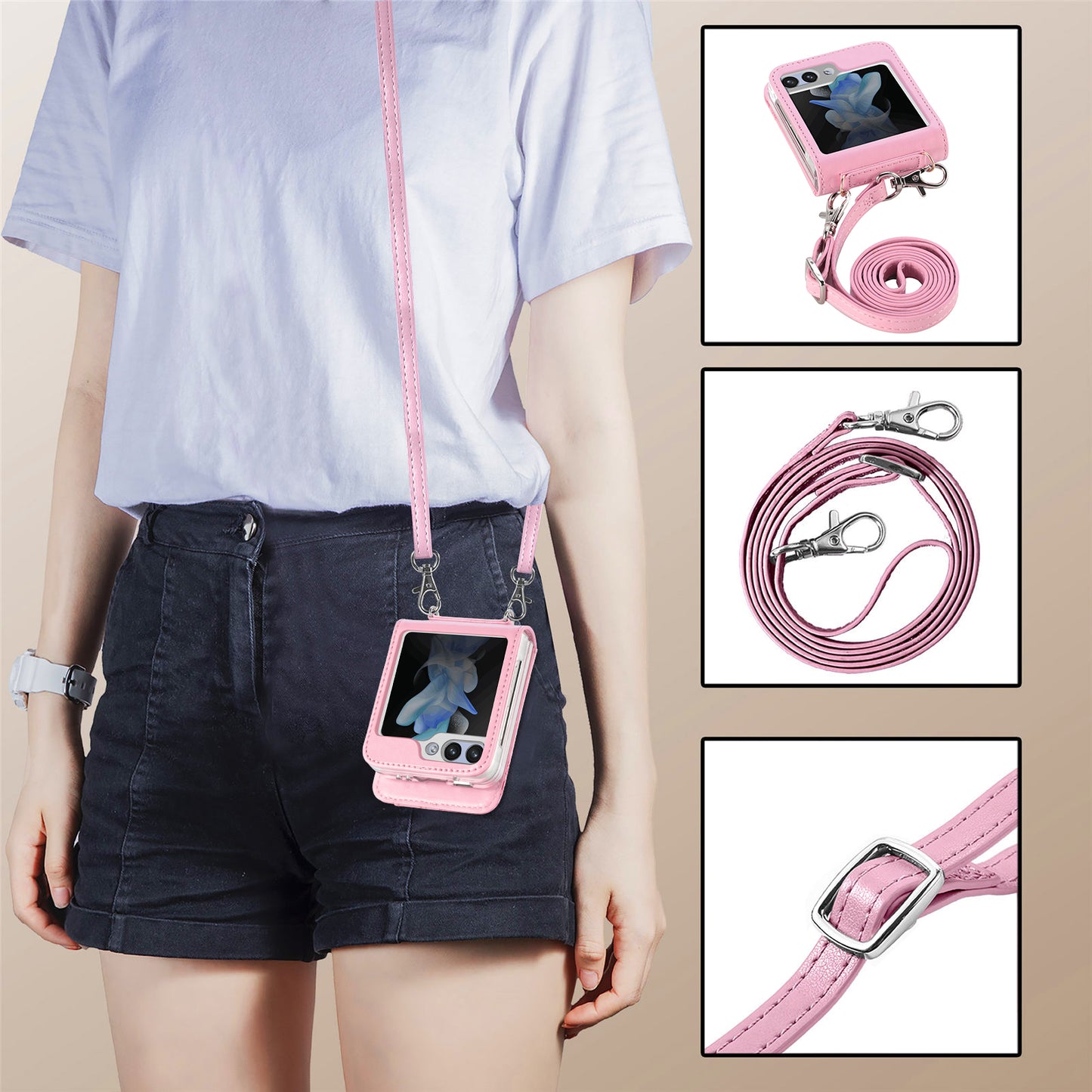 Uniqkart for Samsung Galaxy Z Flip5 5G PU Leather+PC Card Holder Case Flower Imprinted Phone Cover with Shoulder Strap - Pink