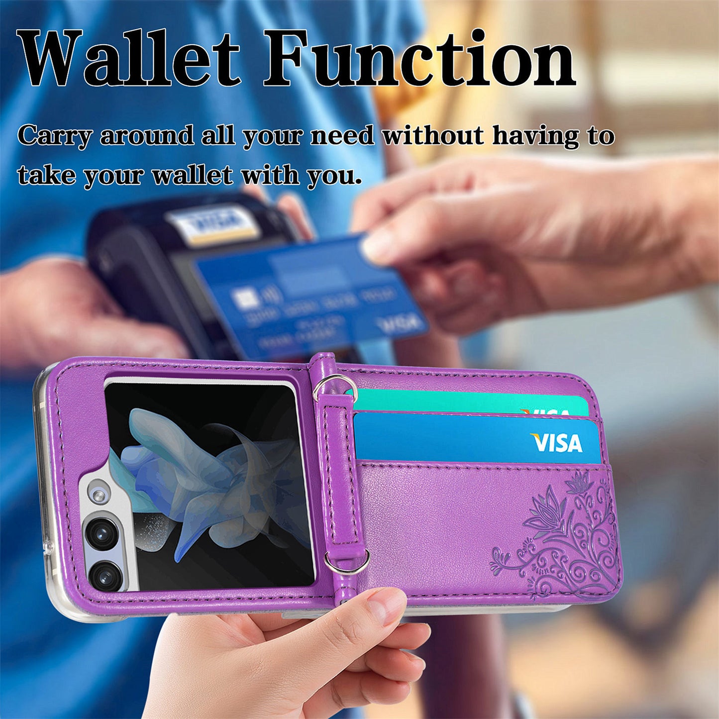 Uniqkart for Samsung Galaxy Z Flip5 5G PU Leather+PC Card Holder Case Flower Imprinted Phone Cover with Shoulder Strap - Purple