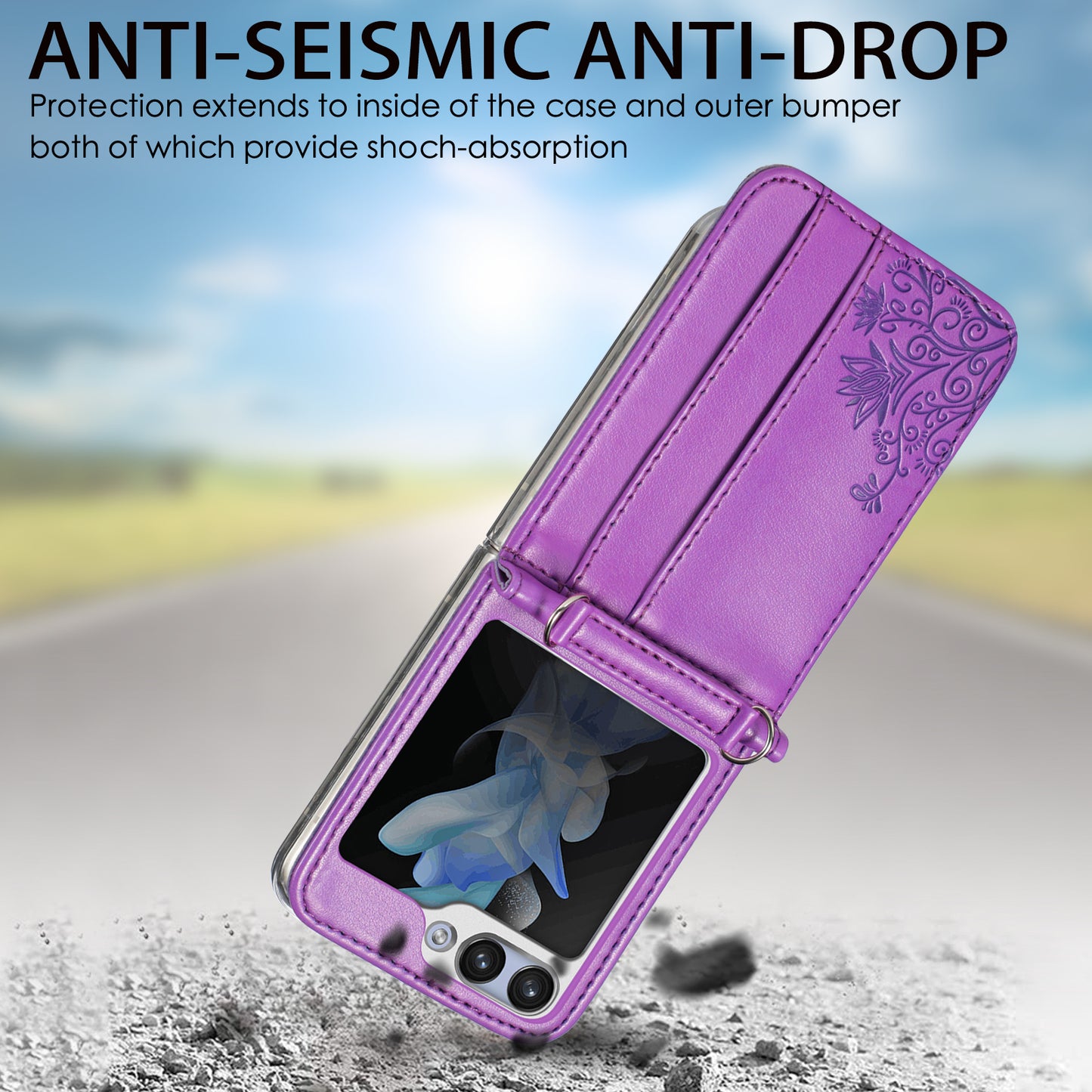 Uniqkart for Samsung Galaxy Z Flip5 5G PU Leather+PC Card Holder Case Flower Imprinted Phone Cover with Shoulder Strap - Purple