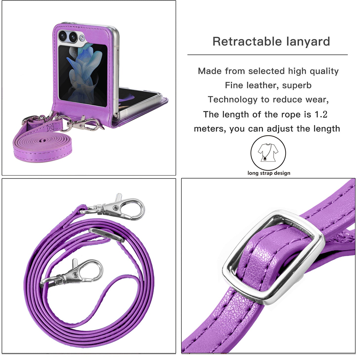 Uniqkart for Samsung Galaxy Z Flip5 5G PU Leather+PC Card Holder Case Flower Imprinted Phone Cover with Shoulder Strap - Purple