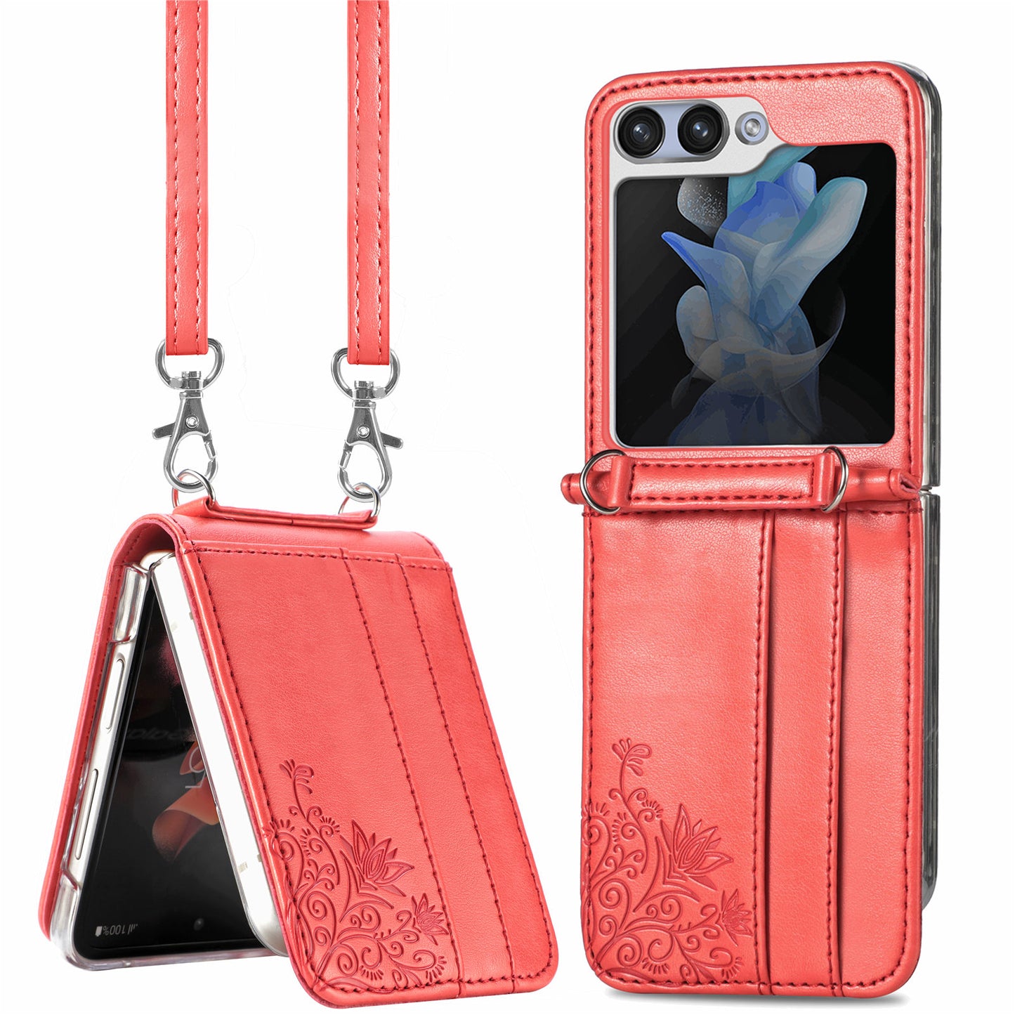 Uniqkart for Samsung Galaxy Z Flip5 5G PU Leather+PC Card Holder Case Flower Imprinted Phone Cover with Shoulder Strap - Red