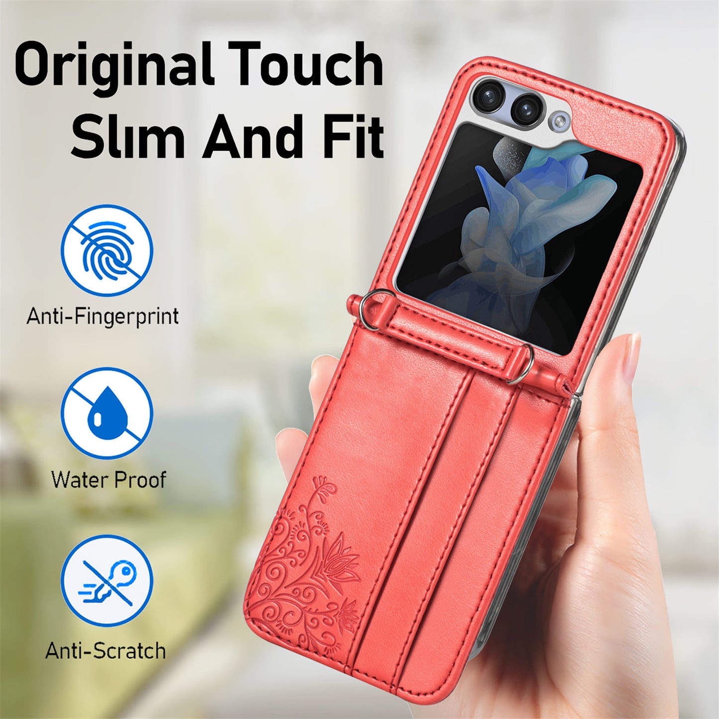 Uniqkart for Samsung Galaxy Z Flip5 5G PU Leather+PC Card Holder Case Flower Imprinted Phone Cover with Shoulder Strap - Red