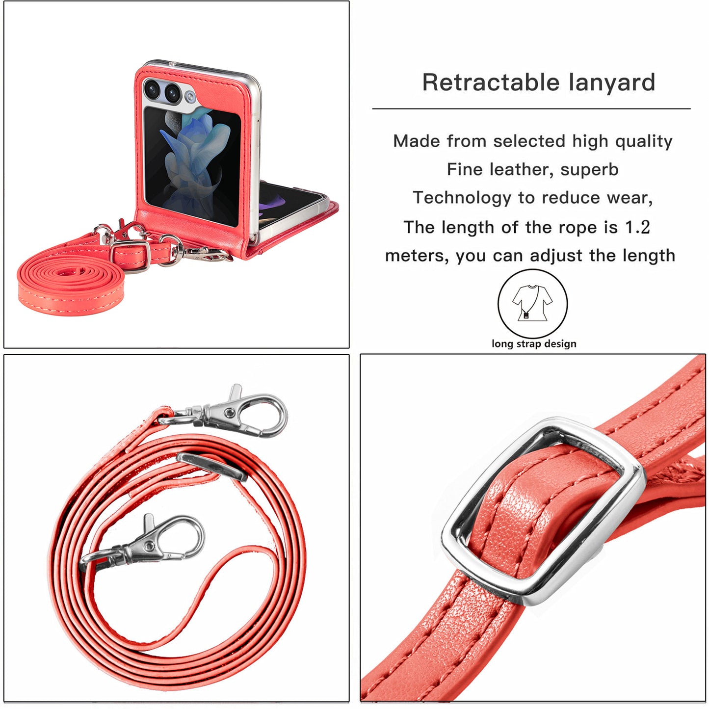 Uniqkart for Samsung Galaxy Z Flip5 5G PU Leather+PC Card Holder Case Flower Imprinted Phone Cover with Shoulder Strap - Red
