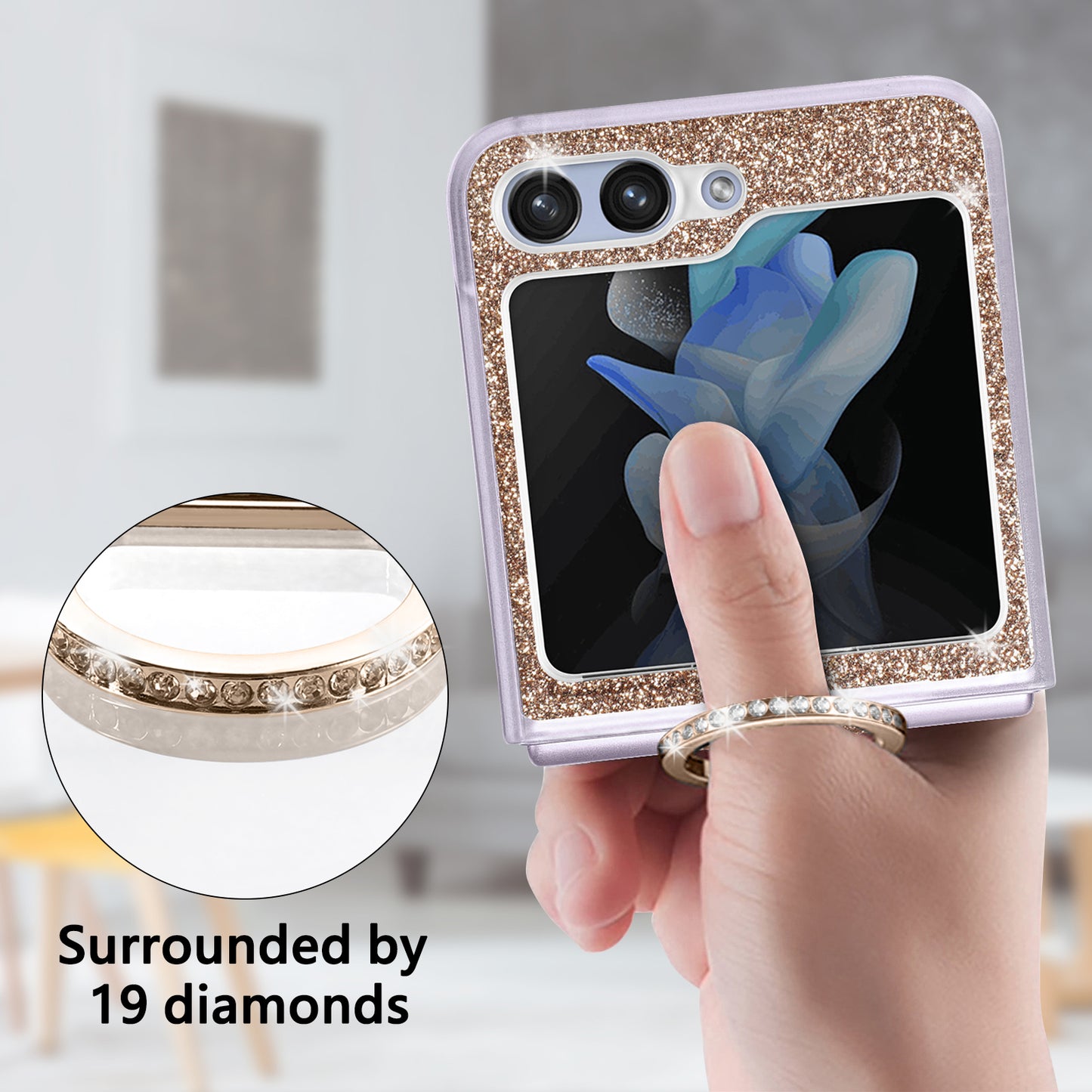 Uniqkart for Samsung Galaxy Z Flip5 5G Glitter Phone Case PU Leather Coated PC Cover with Rhinestone Decor Finger Ring - Gold