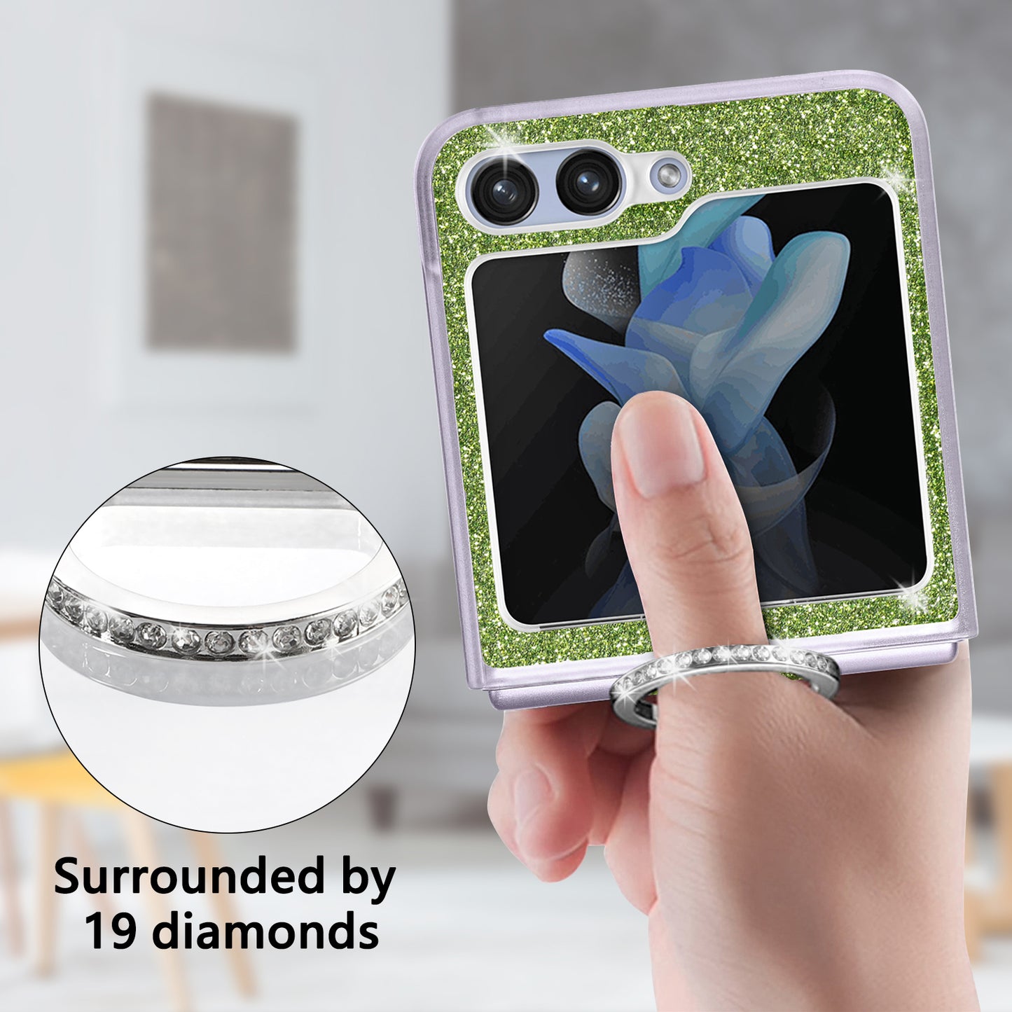 Uniqkart for Samsung Galaxy Z Flip5 5G Glitter Phone Case PU Leather Coated PC Cover with Rhinestone Decor Finger Ring - Green