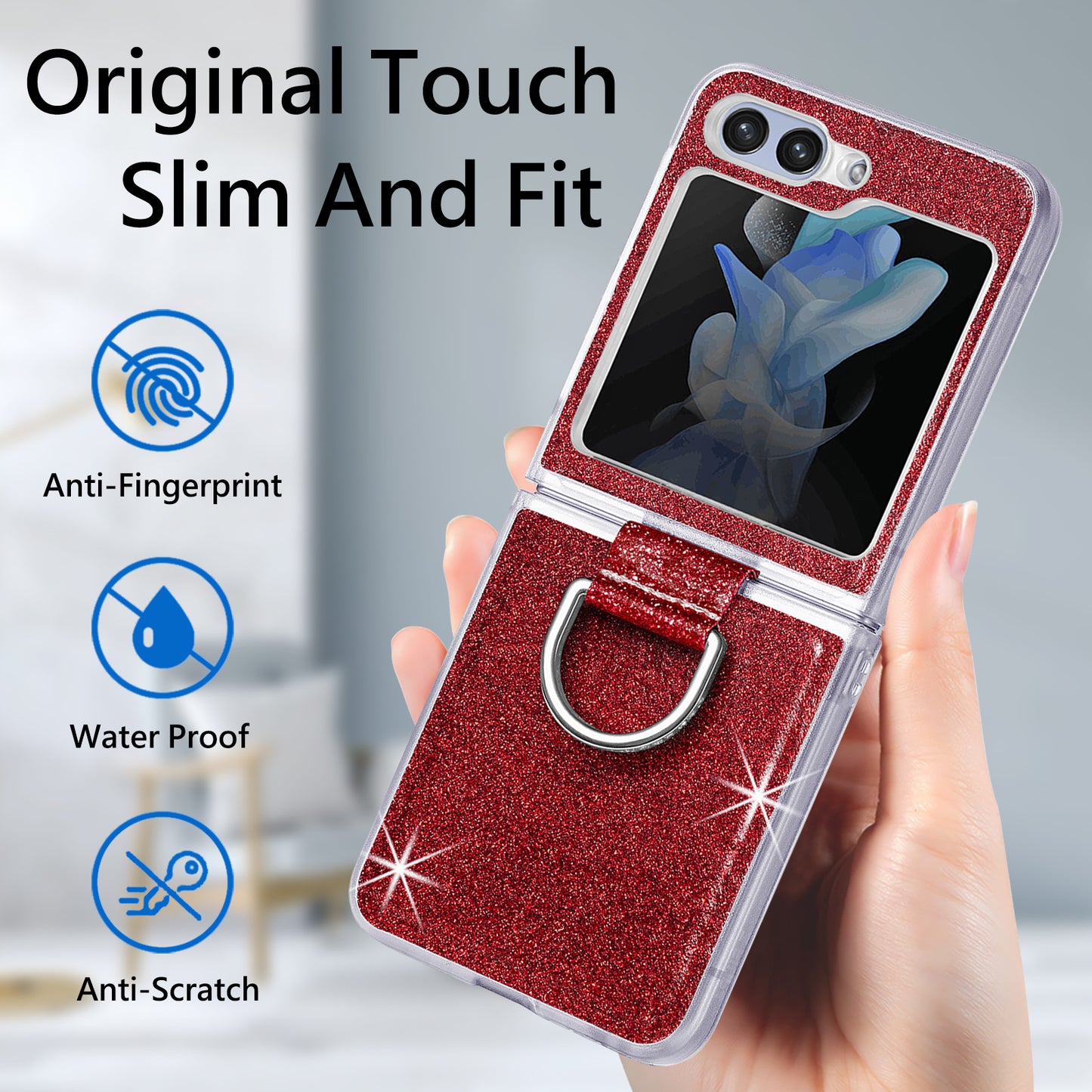 Uniqkart for Samsung Galaxy Z Flip5 5G Glitter Phone Case PU Leather Coated PC Cover with Rhinestone Decor Finger Ring - Red