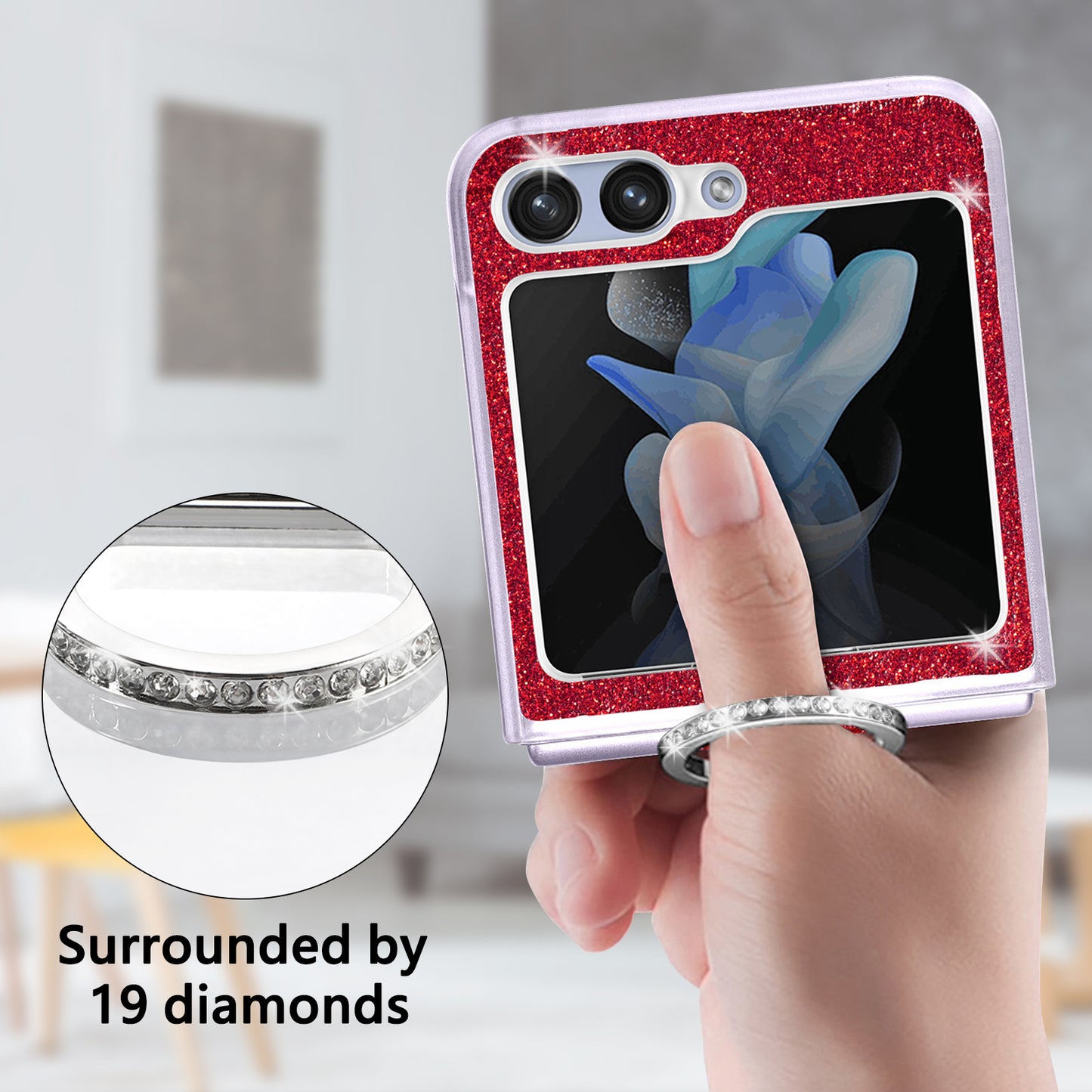 Uniqkart for Samsung Galaxy Z Flip5 5G Glitter Phone Case PU Leather Coated PC Cover with Rhinestone Decor Finger Ring - Red