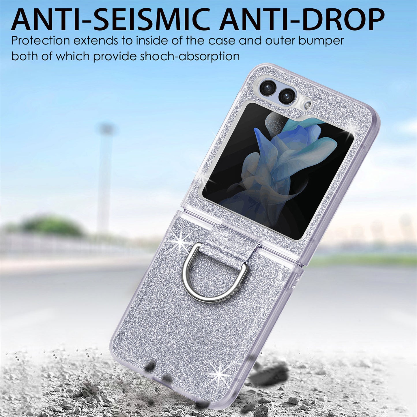 Uniqkart for Samsung Galaxy Z Flip5 5G Glitter Phone Case PU Leather Coated PC Cover with Rhinestone Decor Finger Ring - White