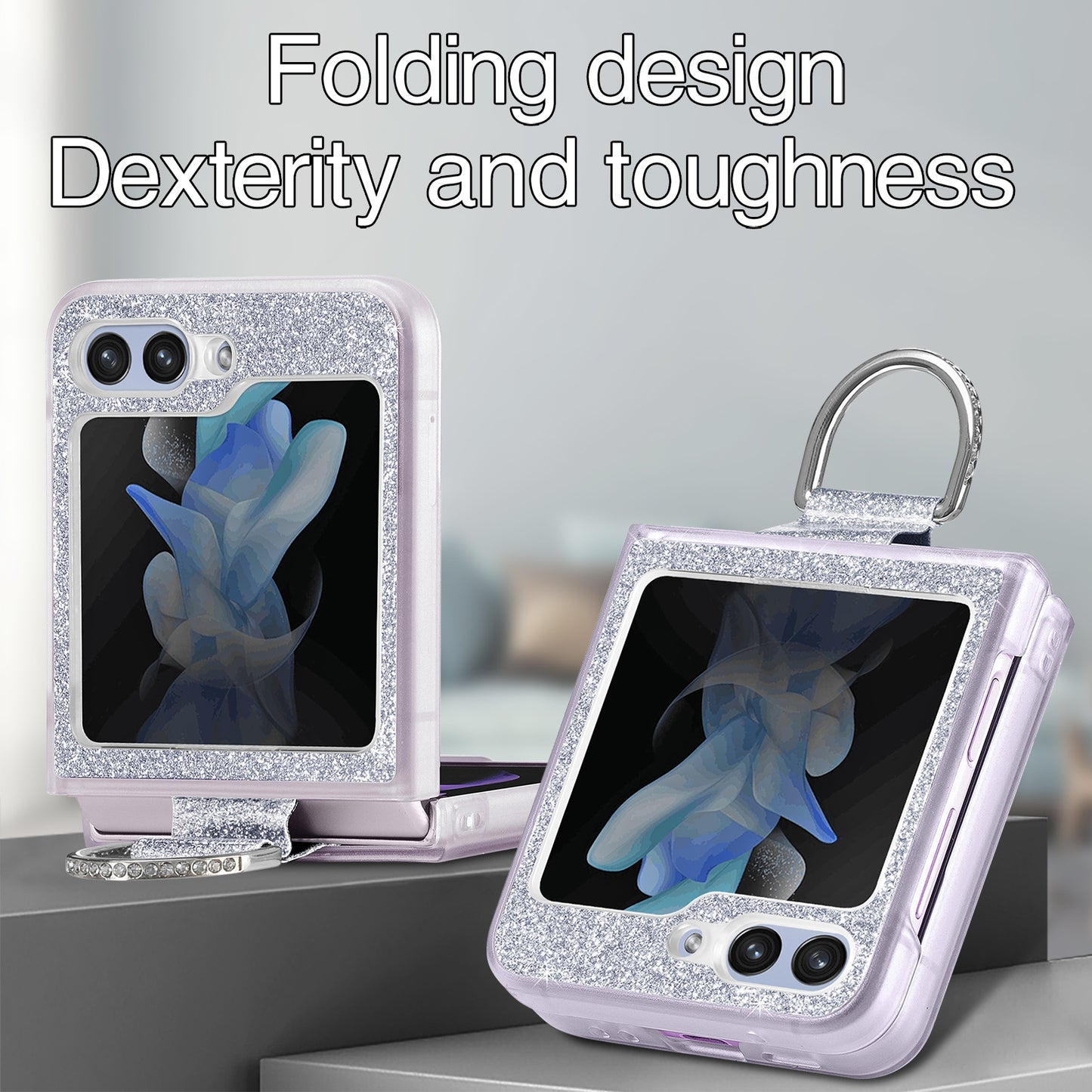 Uniqkart for Samsung Galaxy Z Flip5 5G Glitter Phone Case PU Leather Coated PC Cover with Rhinestone Decor Finger Ring - White