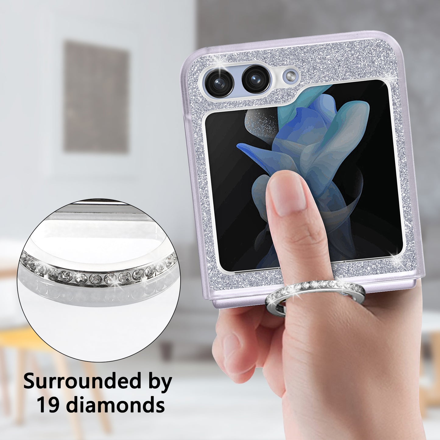 Uniqkart for Samsung Galaxy Z Flip5 5G Glitter Phone Case PU Leather Coated PC Cover with Rhinestone Decor Finger Ring - White