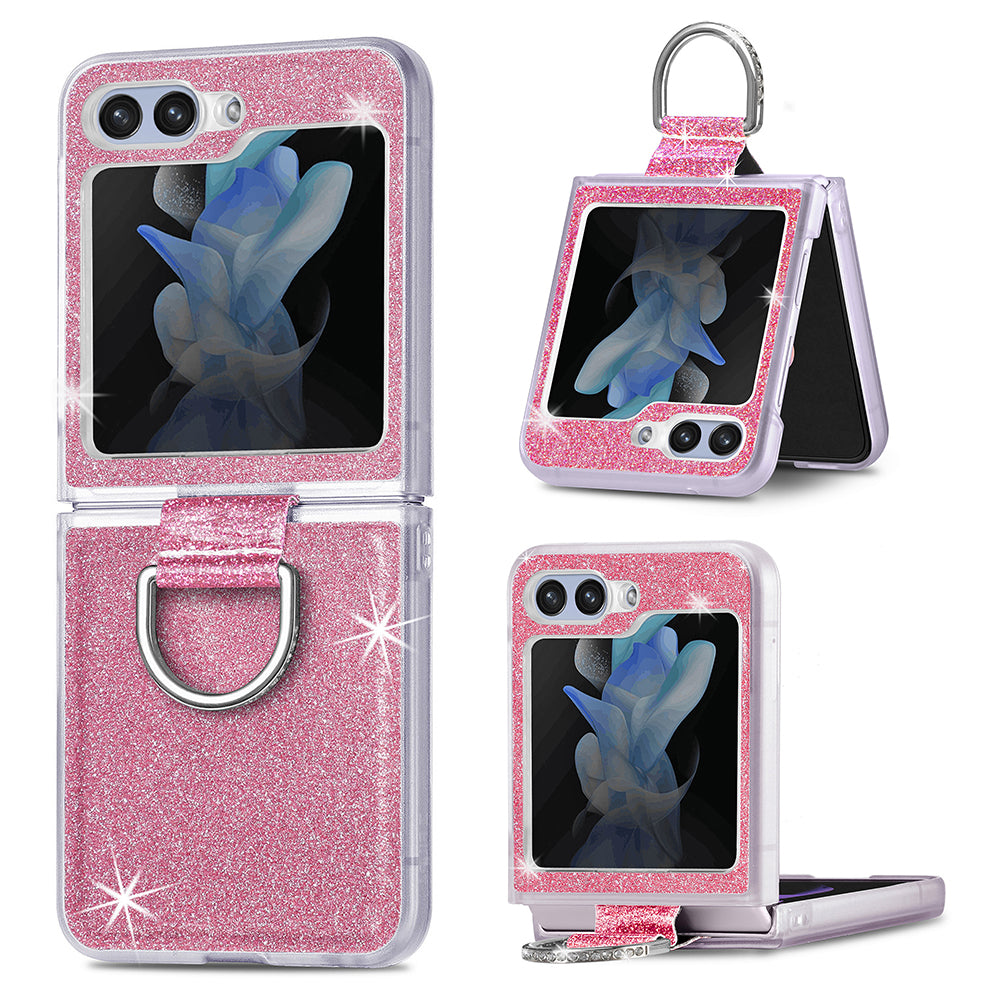 Uniqkart for Samsung Galaxy Z Flip5 5G Glitter Phone Case PU Leather Coated PC Cover with Rhinestone Decor Finger Ring - Pink