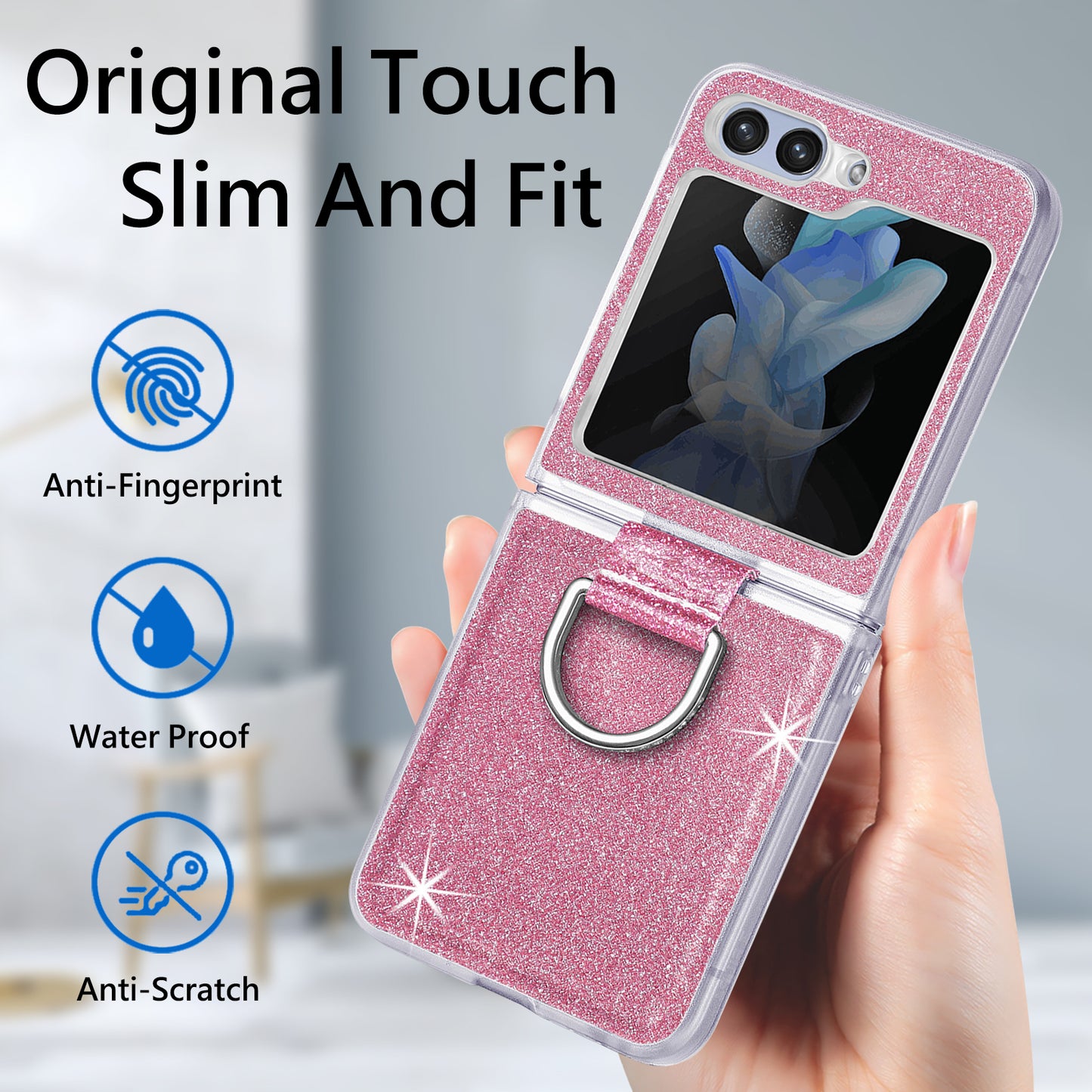Uniqkart for Samsung Galaxy Z Flip5 5G Glitter Phone Case PU Leather Coated PC Cover with Rhinestone Decor Finger Ring - Pink