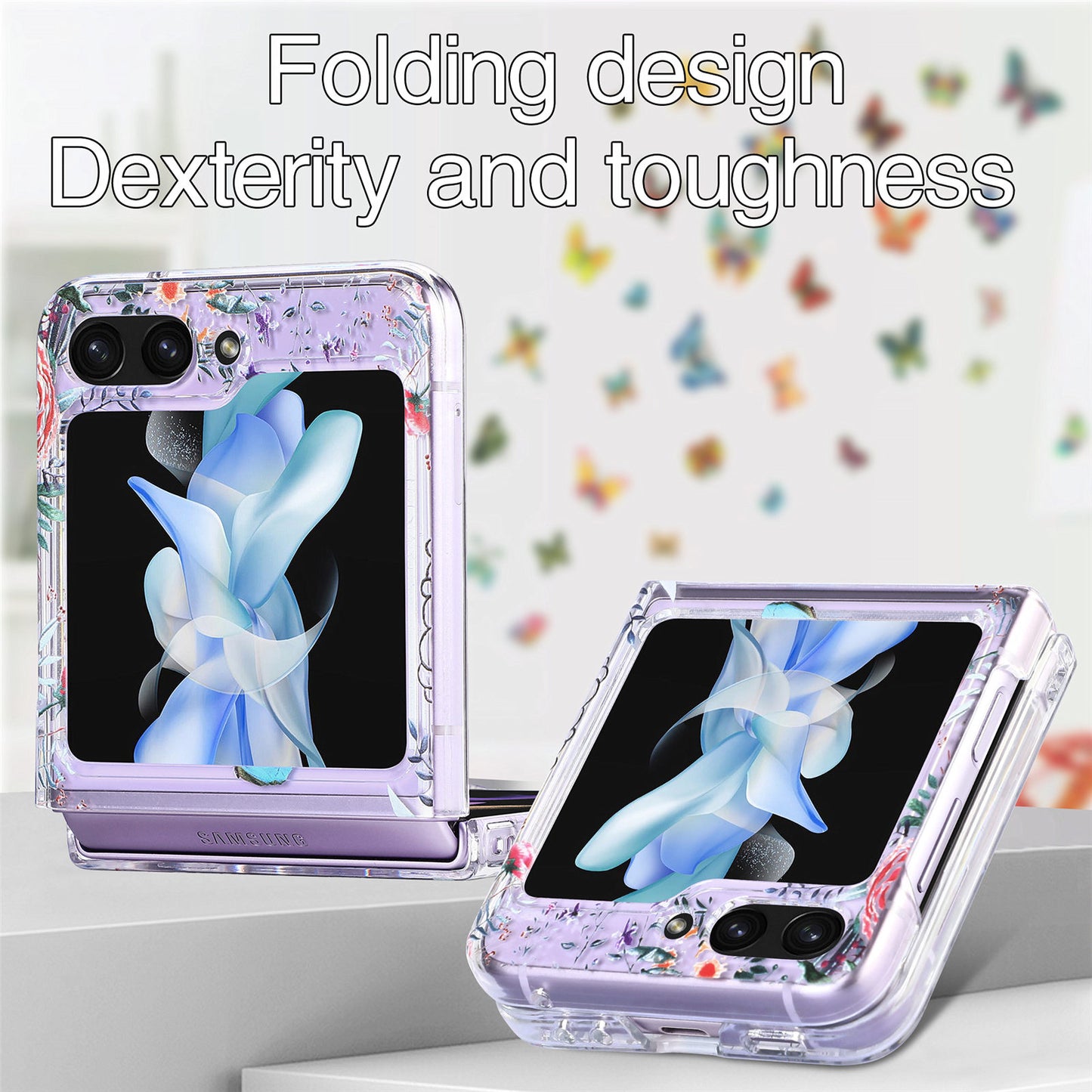 Uniqkart for Samsung Galaxy Z Flip5 5G Hard PC Phone Case Butterfly Pattern Printing Shockproof Phone Cover - Blue