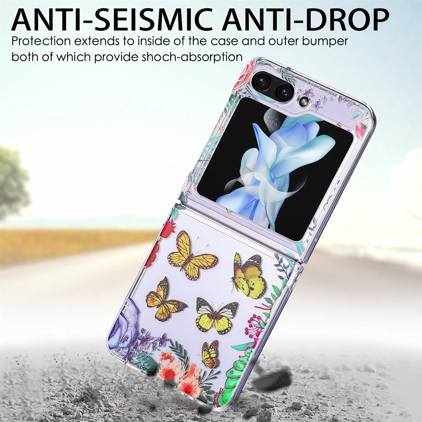 Uniqkart for Samsung Galaxy Z Flip5 5G Hard PC Phone Case Butterfly Pattern Printing Shockproof Phone Cover - Yellow