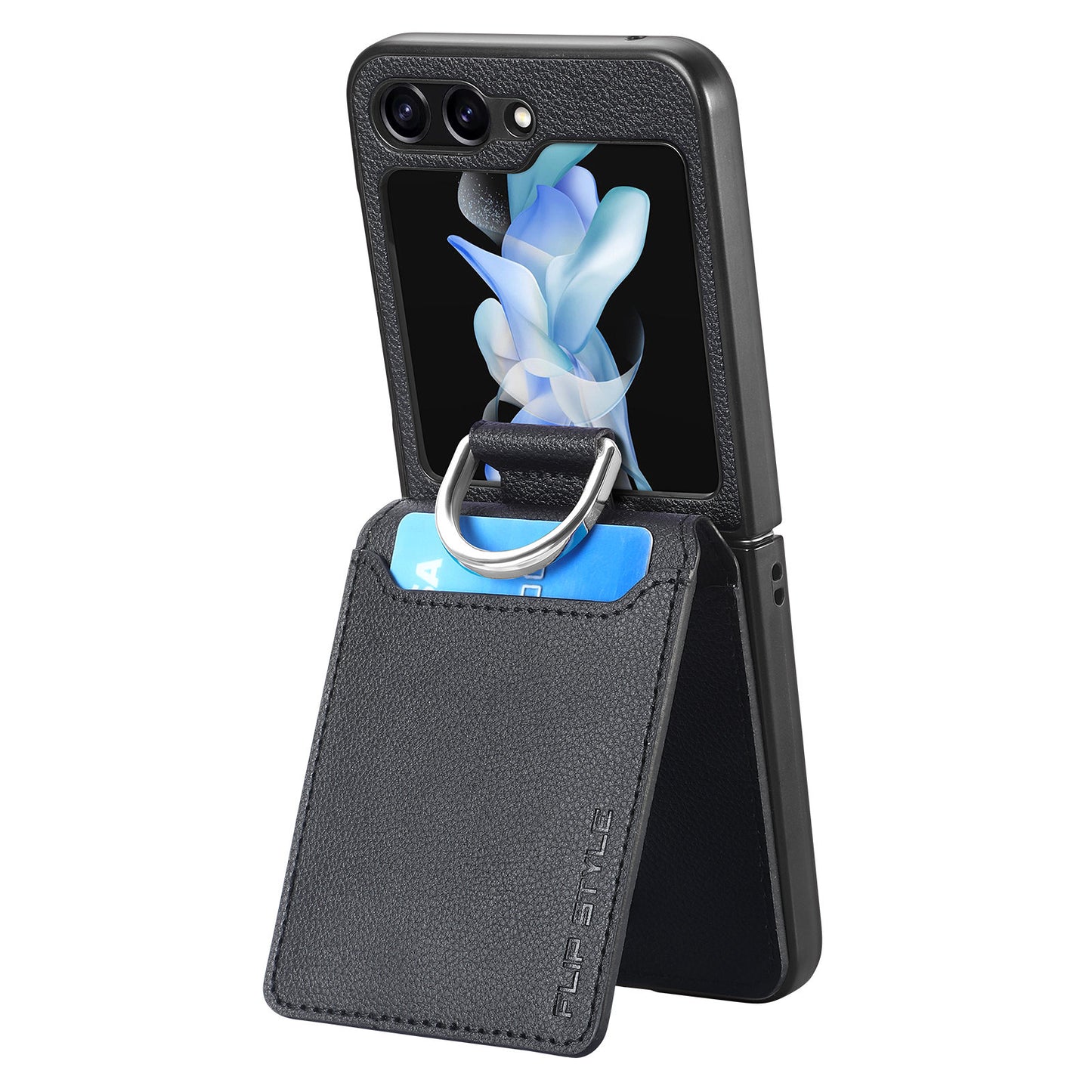 Uniqkart for Samsung Galaxy Z Flip5 5G Litchi Texture PU Leather+PC Phone Case Card Slot Kickstand Cover with Finger Ring - Black