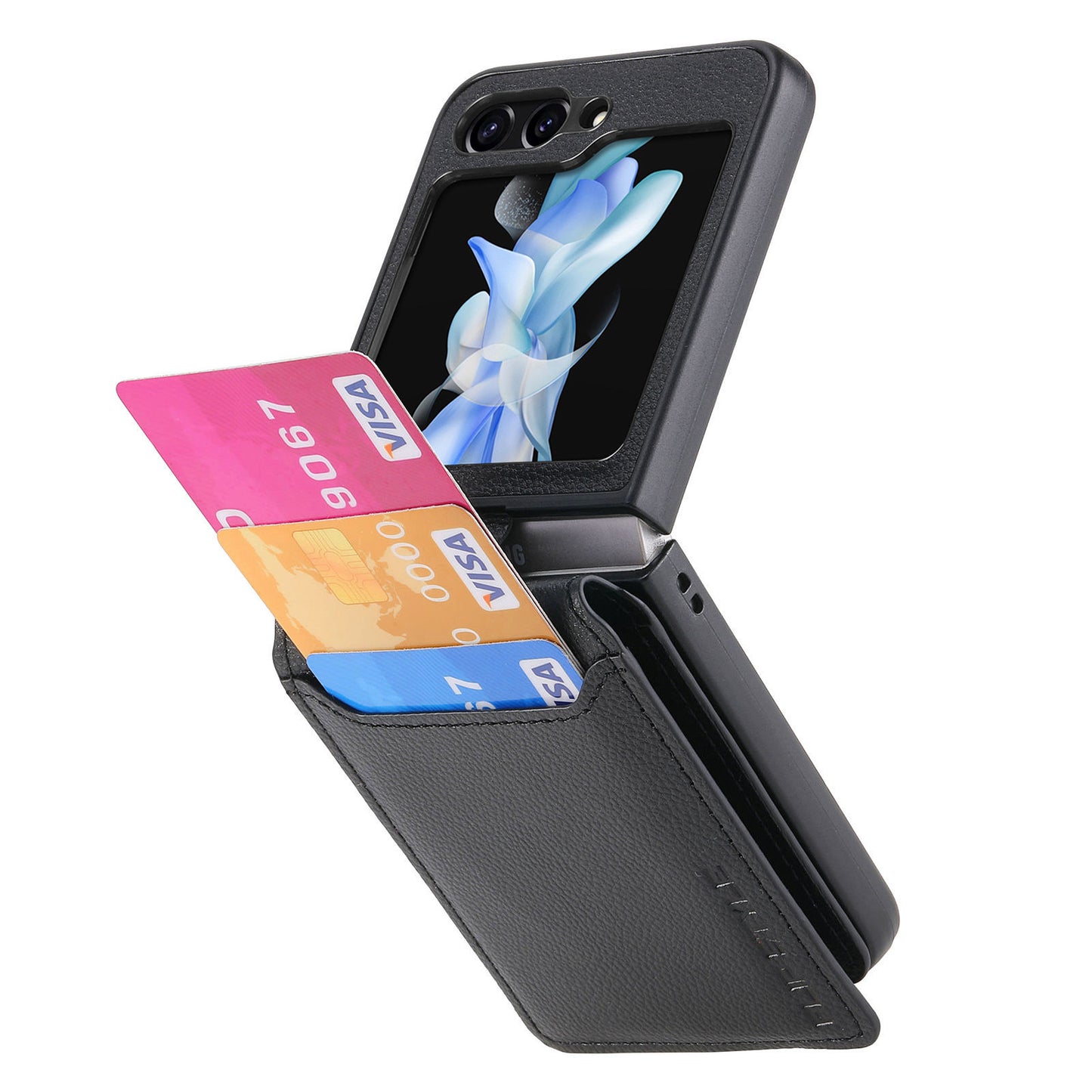 Uniqkart for Samsung Galaxy Z Flip5 5G Litchi Texture PU Leather+PC Phone Case Card Slot Kickstand Cover with Finger Ring - Black