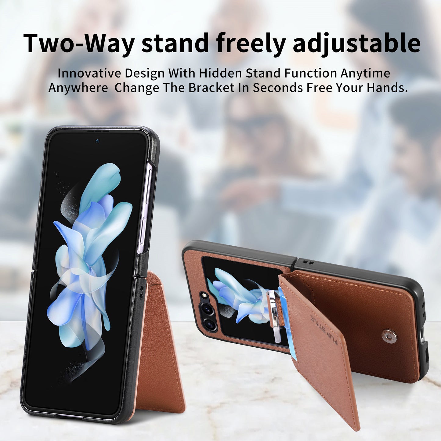 Uniqkart for Samsung Galaxy Z Flip5 5G Litchi Texture PU Leather+PC Phone Case Card Slot Kickstand Cover with Finger Ring - Brown