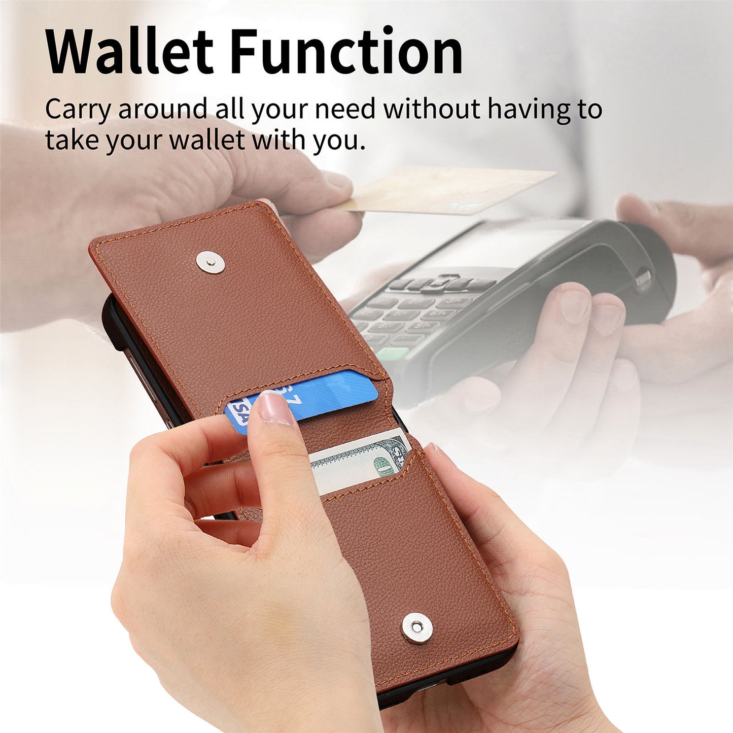 Uniqkart for Samsung Galaxy Z Flip5 5G Litchi Texture PU Leather+PC Phone Case Card Slot Kickstand Cover with Finger Ring - Brown