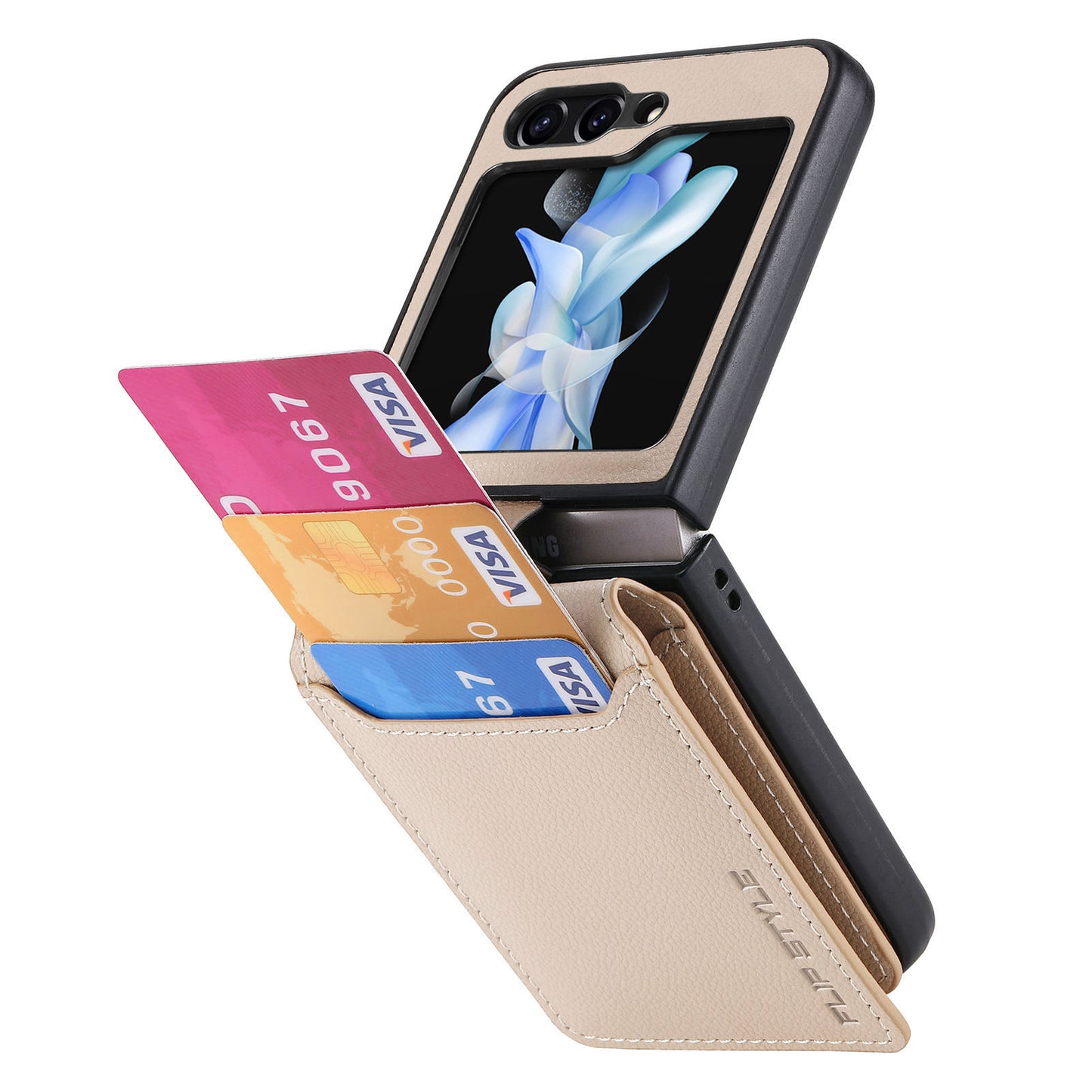 Uniqkart for Samsung Galaxy Z Flip5 5G Litchi Texture PU Leather+PC Phone Case Card Slot Kickstand Cover with Finger Ring - Khaki