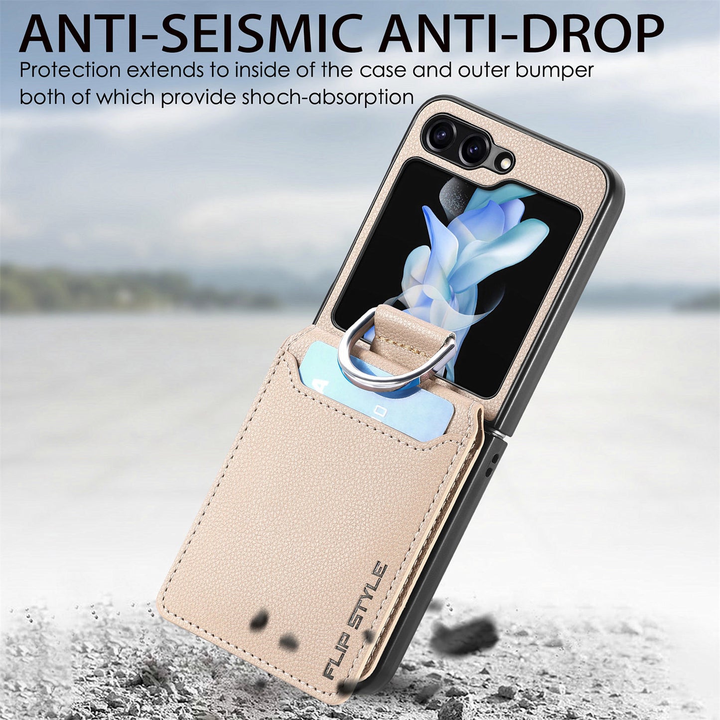 Uniqkart for Samsung Galaxy Z Flip5 5G Litchi Texture PU Leather+PC Phone Case Card Slot Kickstand Cover with Finger Ring - Khaki