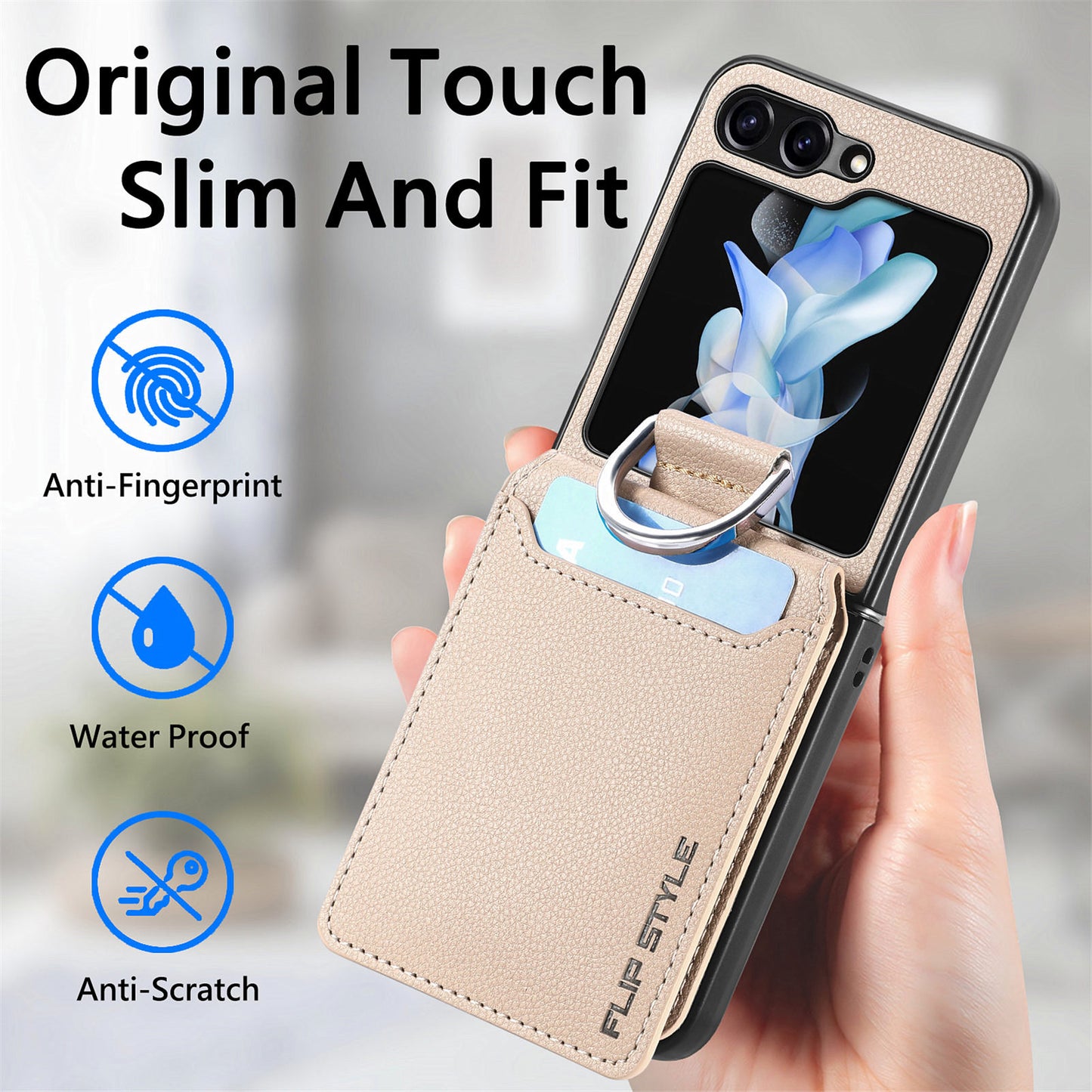 Uniqkart for Samsung Galaxy Z Flip5 5G Litchi Texture PU Leather+PC Phone Case Card Slot Kickstand Cover with Finger Ring - Khaki