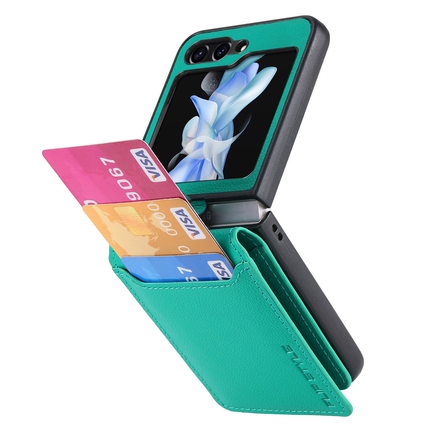 Uniqkart for Samsung Galaxy Z Flip5 5G Litchi Texture PU Leather+PC Phone Case Card Slot Kickstand Cover with Finger Ring - Green