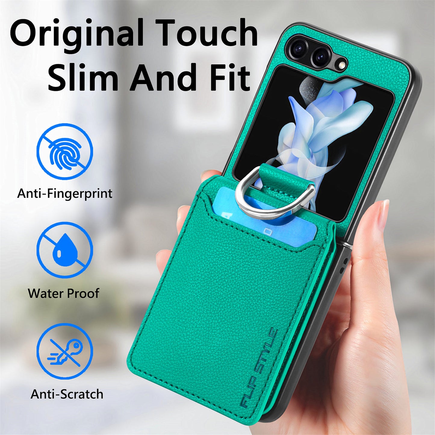 Uniqkart for Samsung Galaxy Z Flip5 5G Litchi Texture PU Leather+PC Phone Case Card Slot Kickstand Cover with Finger Ring - Green