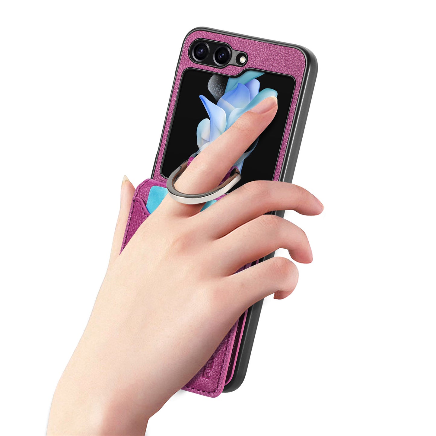 Uniqkart for Samsung Galaxy Z Flip5 5G Litchi Texture PU Leather+PC Phone Case Card Slot Kickstand Cover with Finger Ring - Purple
