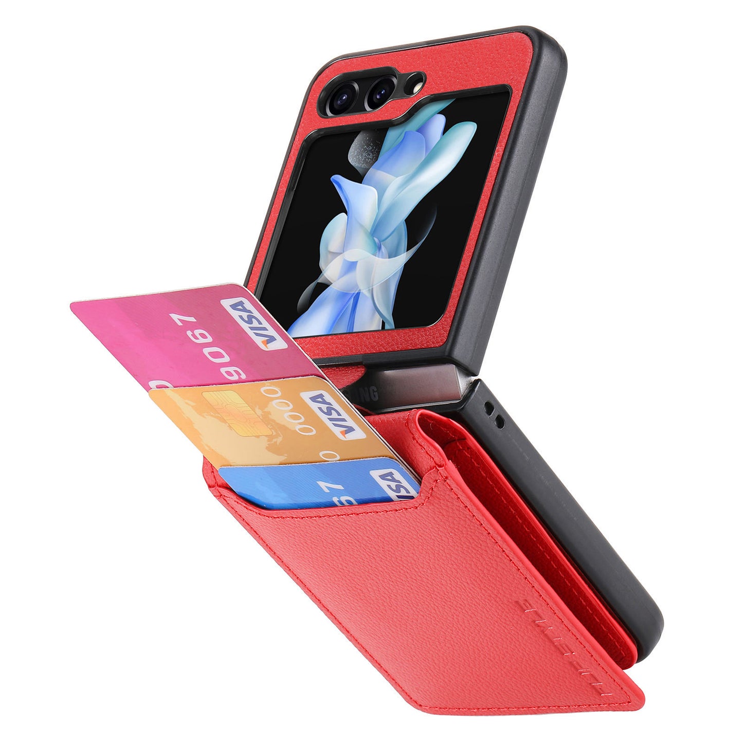 Uniqkart for Samsung Galaxy Z Flip5 5G Litchi Texture PU Leather+PC Phone Case Card Slot Kickstand Cover with Finger Ring - Red