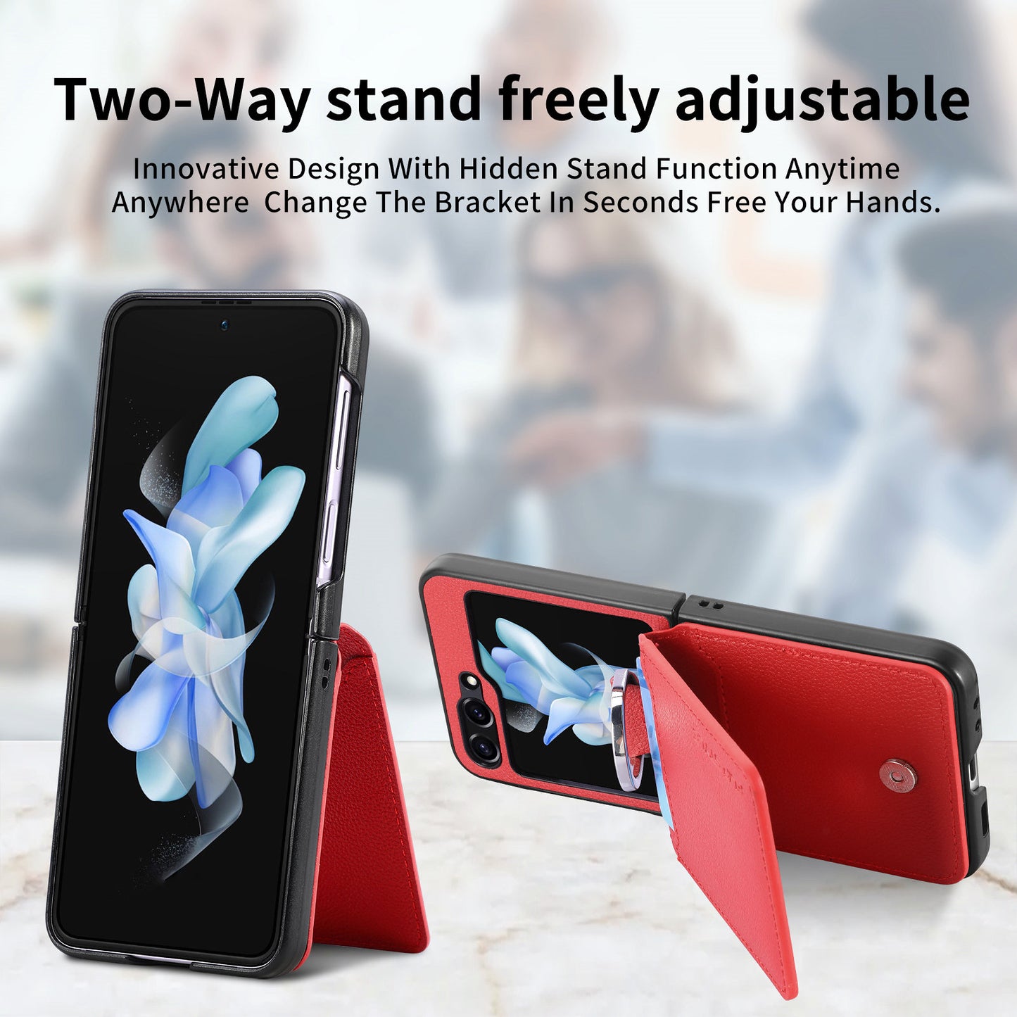Uniqkart for Samsung Galaxy Z Flip5 5G Litchi Texture PU Leather+PC Phone Case Card Slot Kickstand Cover with Finger Ring - Red
