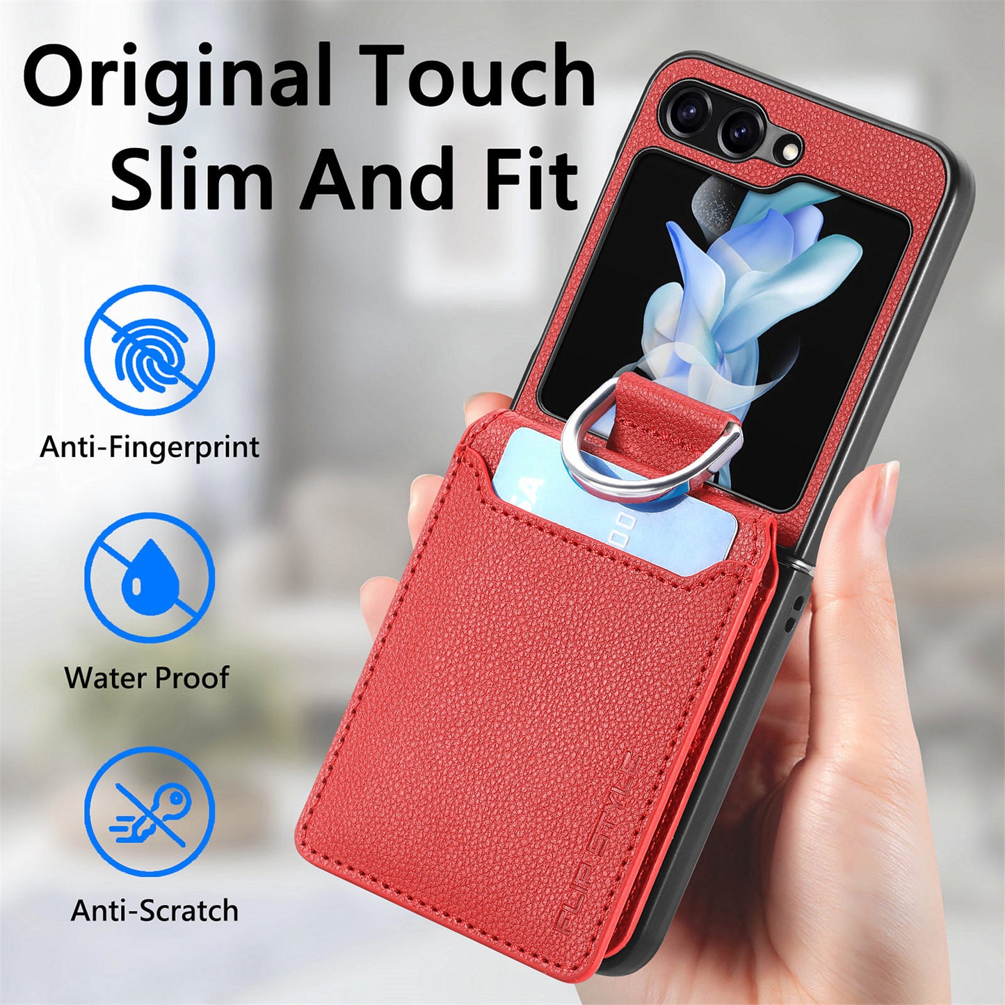 Uniqkart for Samsung Galaxy Z Flip5 5G Litchi Texture PU Leather+PC Phone Case Card Slot Kickstand Cover with Finger Ring - Red