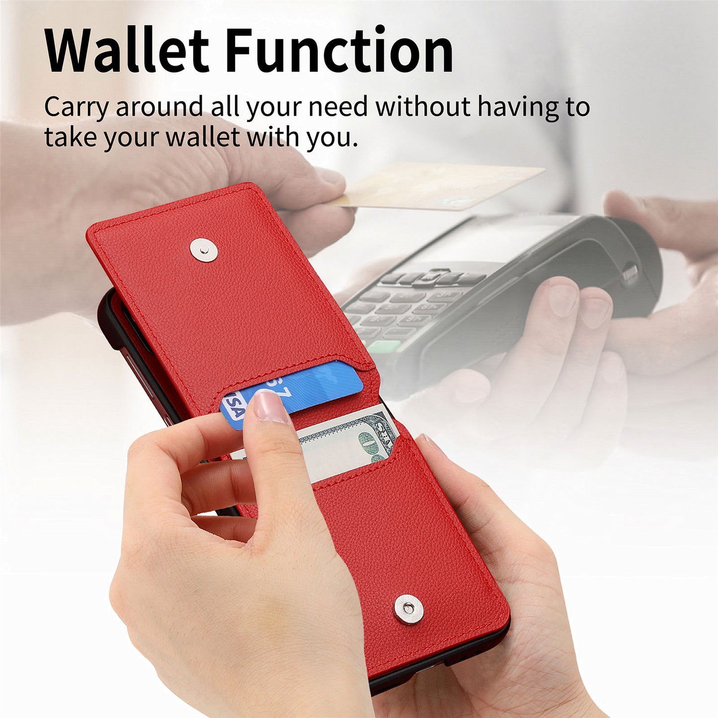 Uniqkart for Samsung Galaxy Z Flip5 5G Litchi Texture PU Leather+PC Phone Case Card Slot Kickstand Cover with Finger Ring - Red