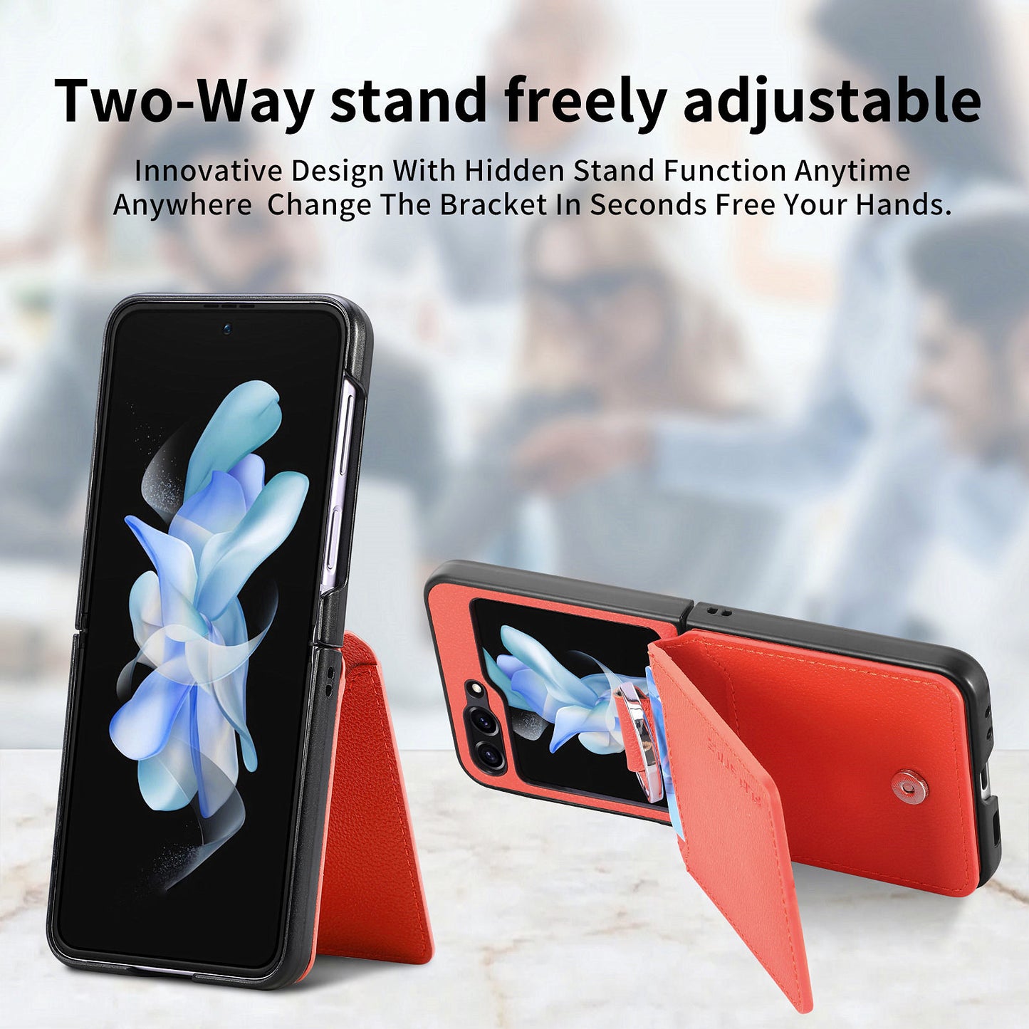 Uniqkart for Samsung Galaxy Z Flip5 5G Litchi Texture PU Leather+PC Phone Case Card Slot Kickstand Cover with Finger Ring - Orange