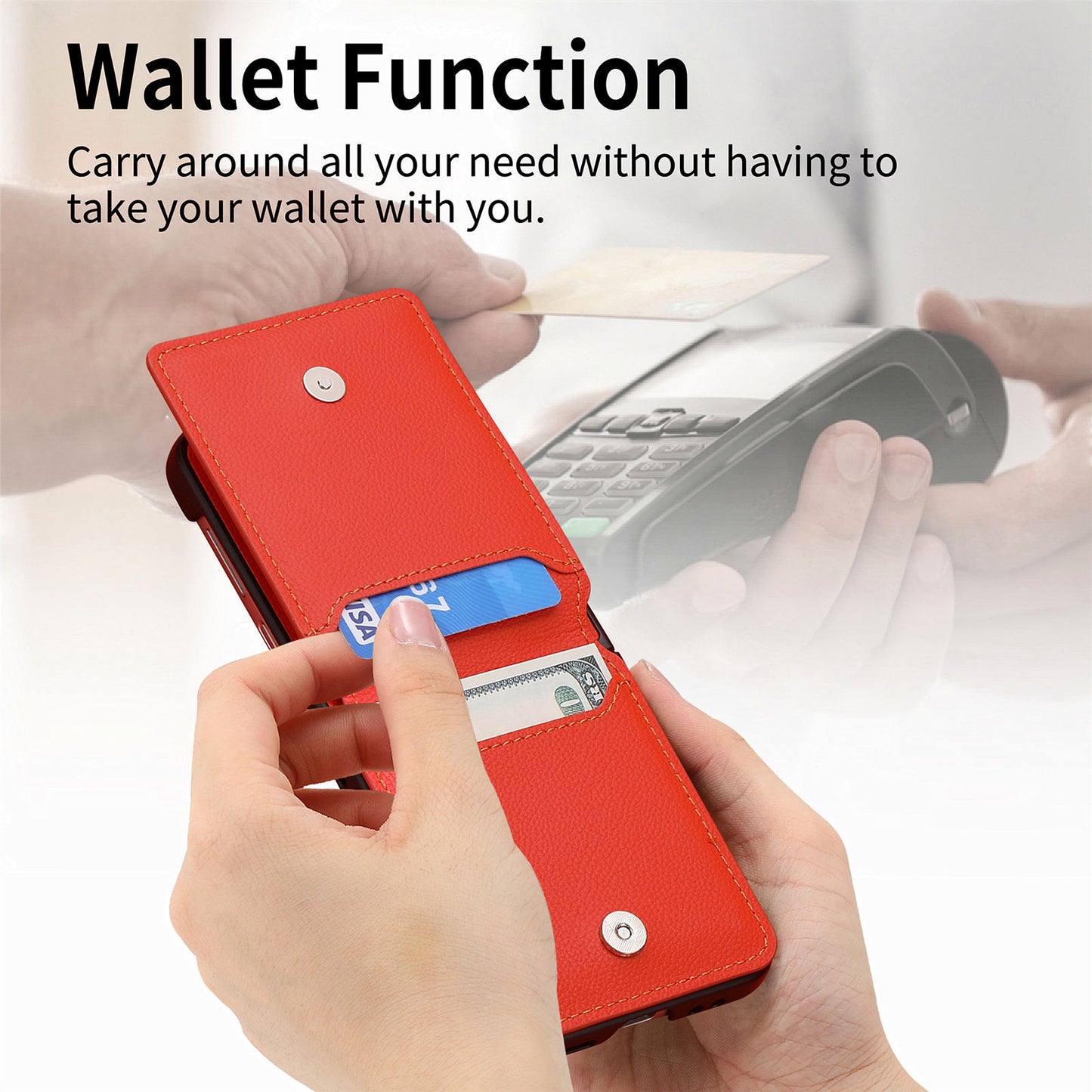 Uniqkart for Samsung Galaxy Z Flip5 5G Litchi Texture PU Leather+PC Phone Case Card Slot Kickstand Cover with Finger Ring - Orange