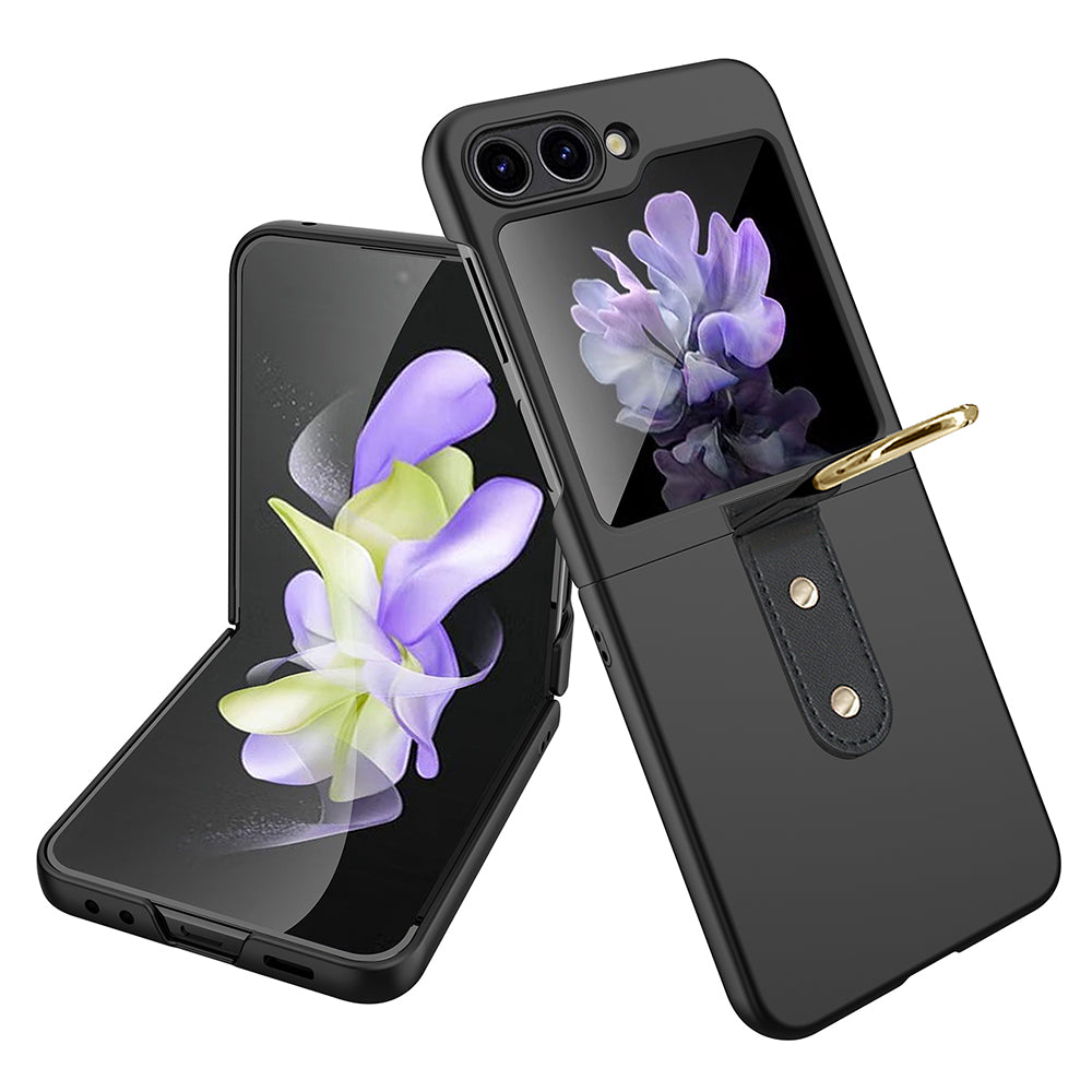 Uniqkart for Samsung Galaxy Z Flip5 5G Slim PC Phone Case Rubberized Shockproof Cover with Finger Ring - Black