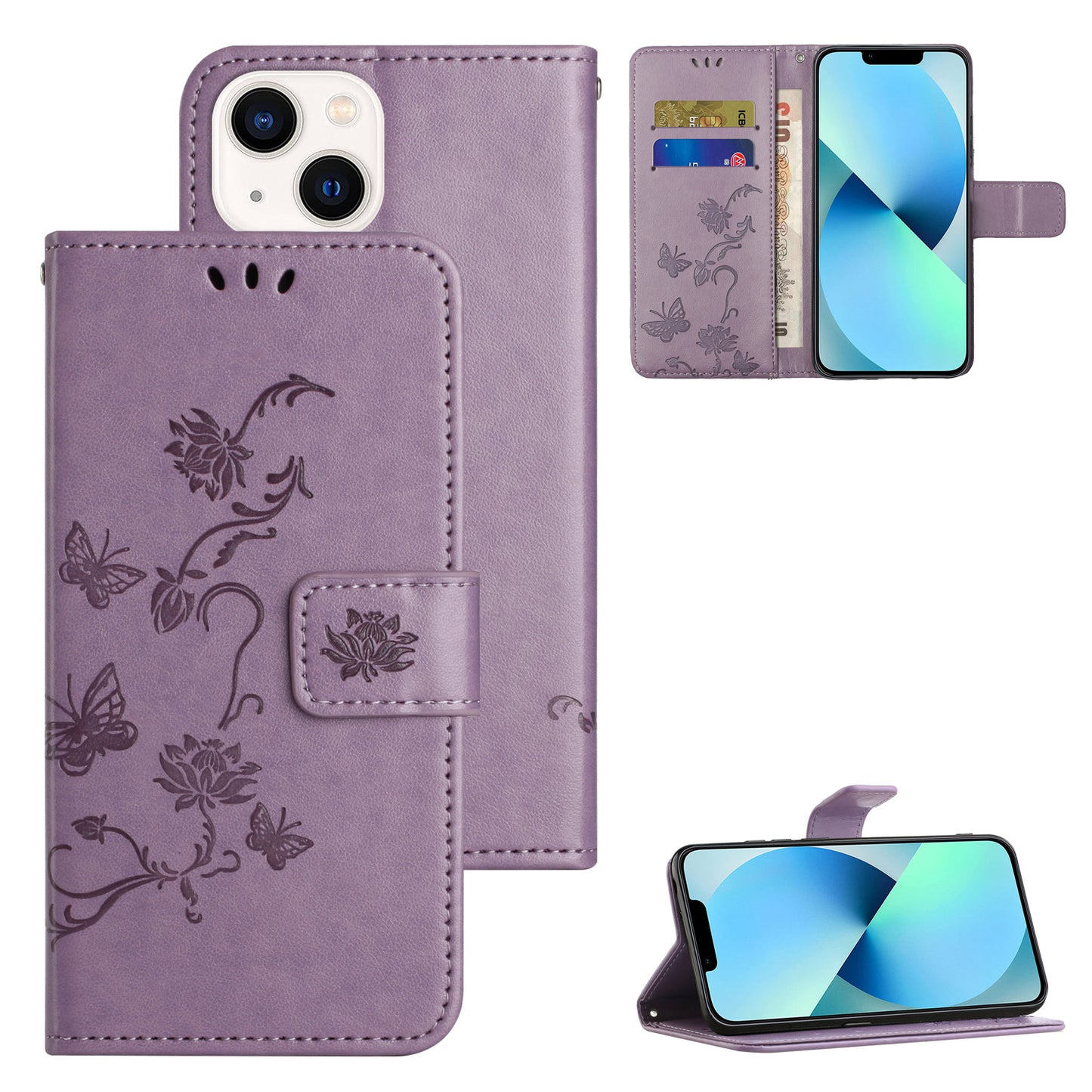 PU Leather Wallet Phone Case for iPhone 15 , Butterfly Flower Imprinted Stand Smartphone Cover - Purple