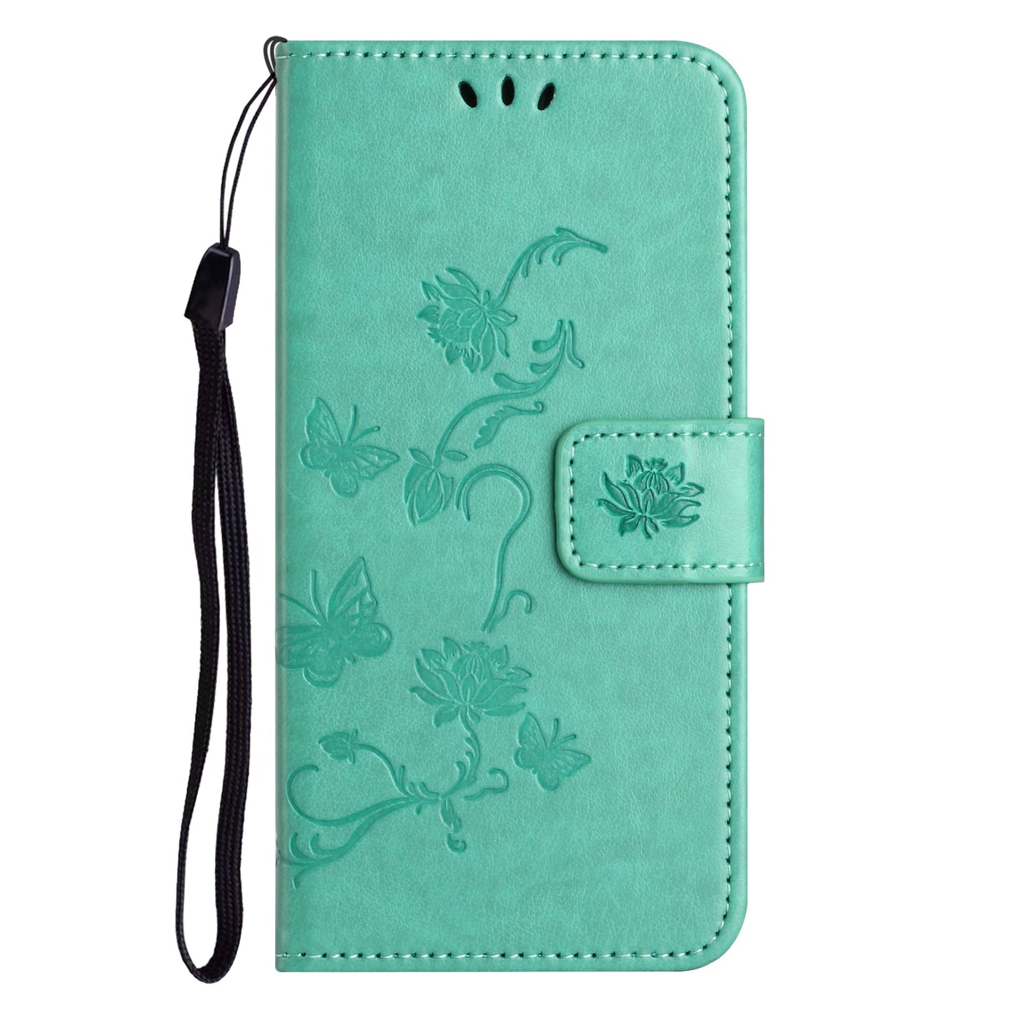 PU Leather Wallet Phone Case for iPhone 15 , Butterfly Flower Imprinted Stand Smartphone Cover - Cyan