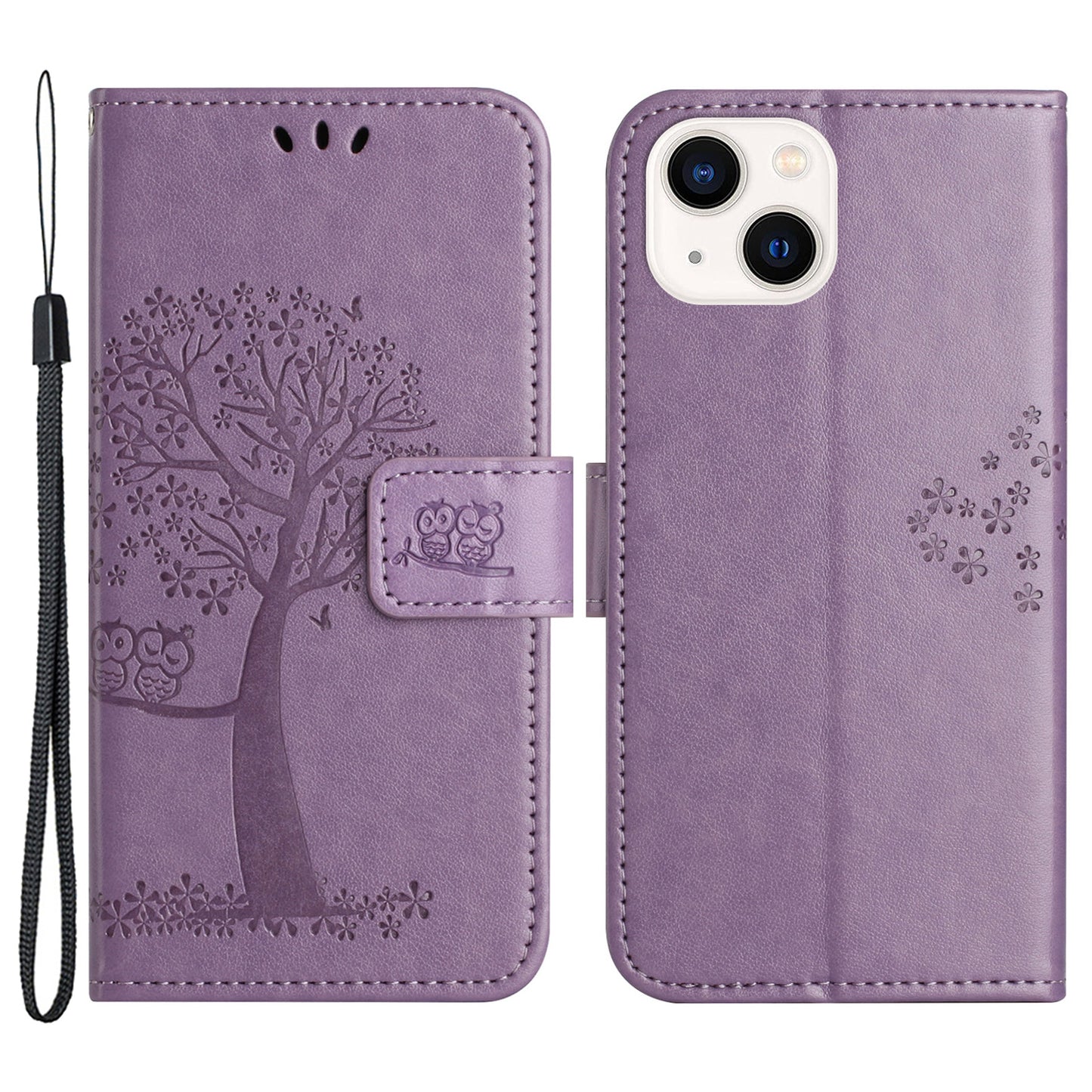 Phone Leather Case for iPhone 15 , Stand Wallet Owl Tree Imprinted Full Protection Phone Cover - Purple