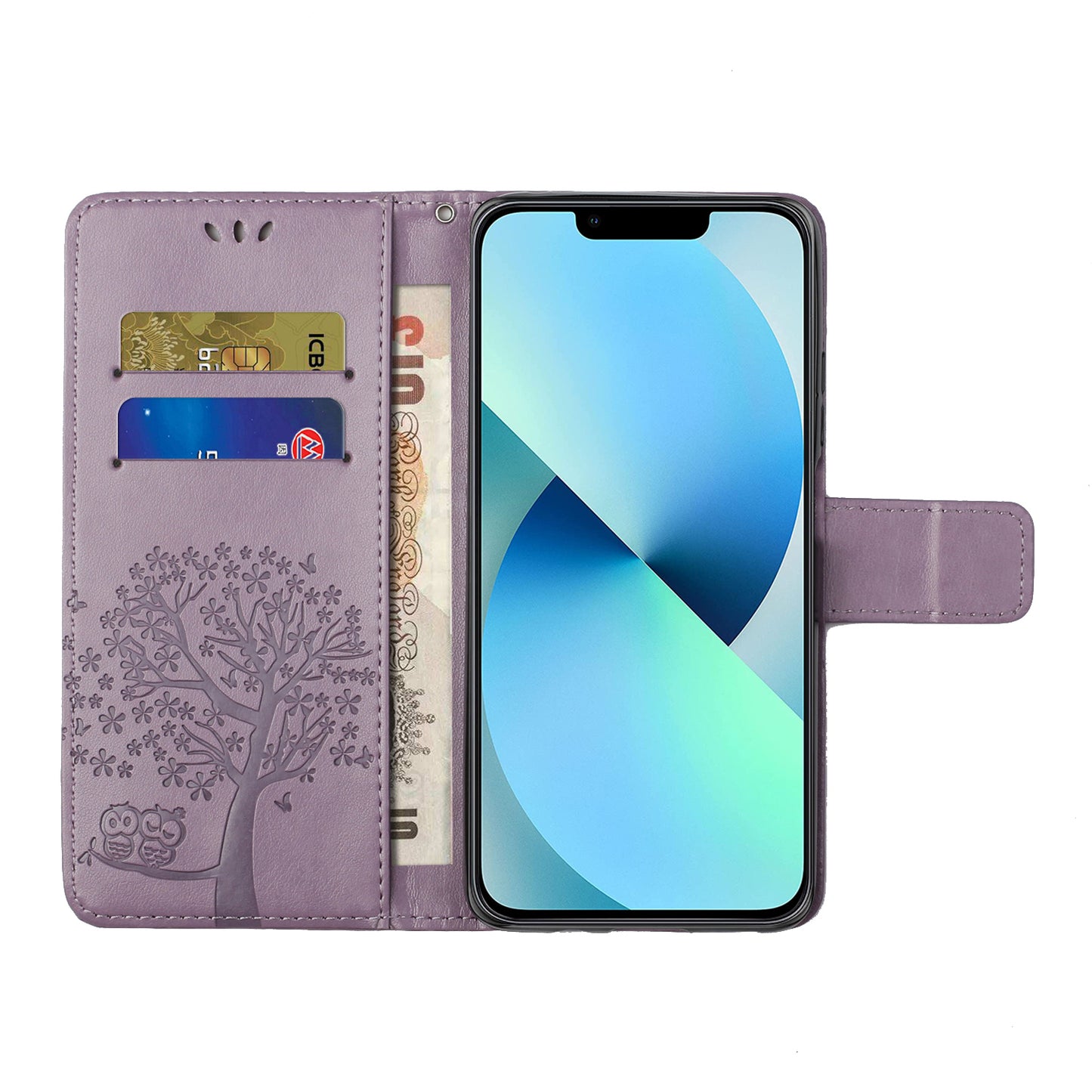 Phone Leather Case for iPhone 15 , Stand Wallet Owl Tree Imprinted Full Protection Phone Cover - Purple
