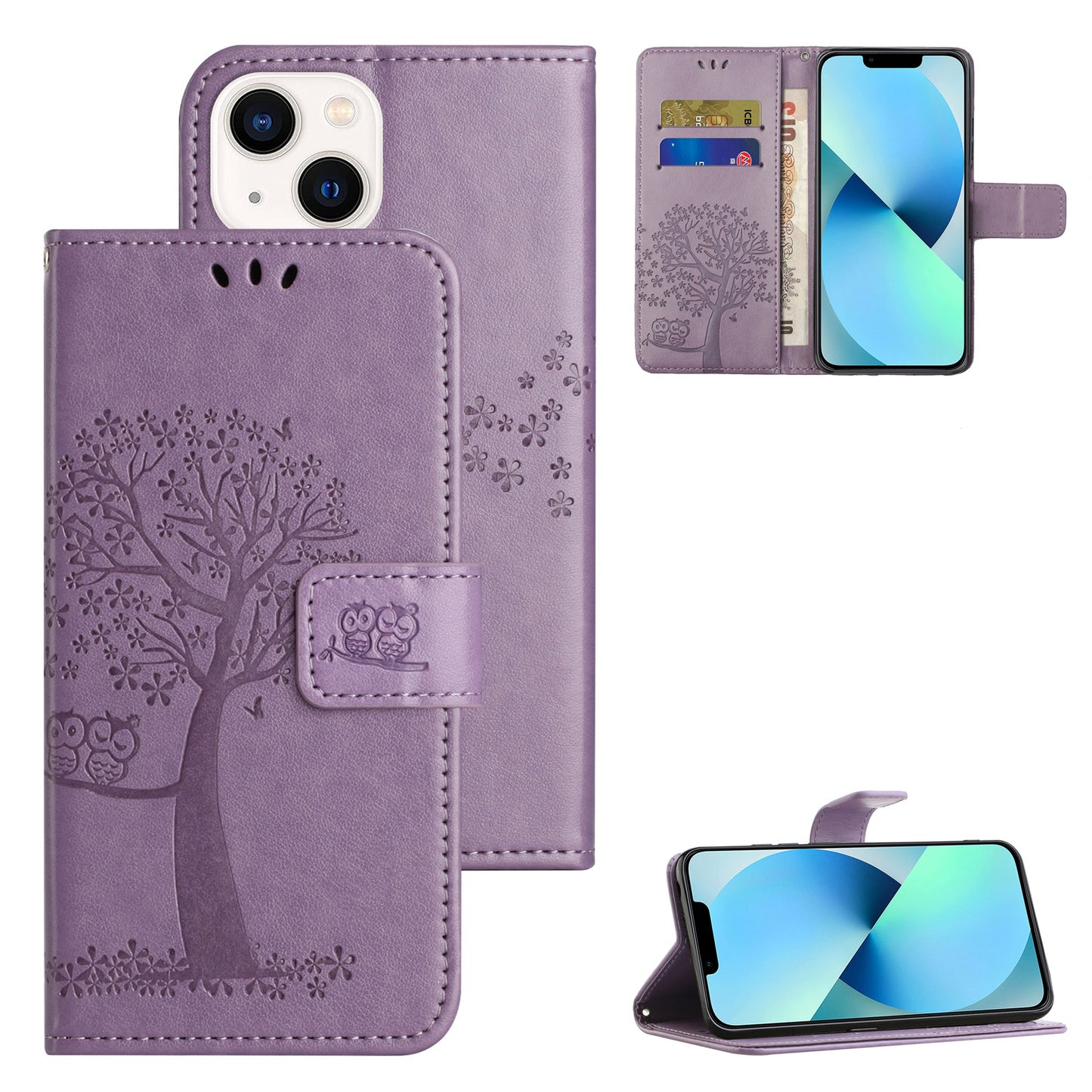 Phone Leather Case for iPhone 15 , Stand Wallet Owl Tree Imprinted Full Protection Phone Cover - Purple