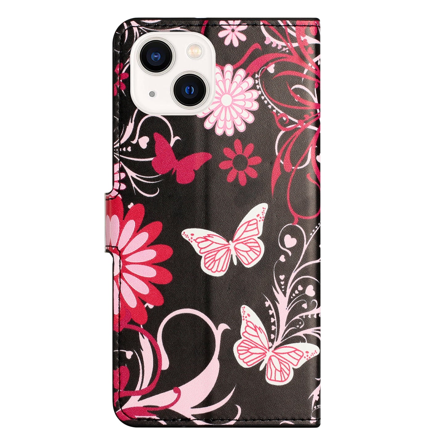Uniqkart for iPhone 15 Pattern Printing Flip Case PU Leather Stand Wallet Phone Cover - Black / Butterflies