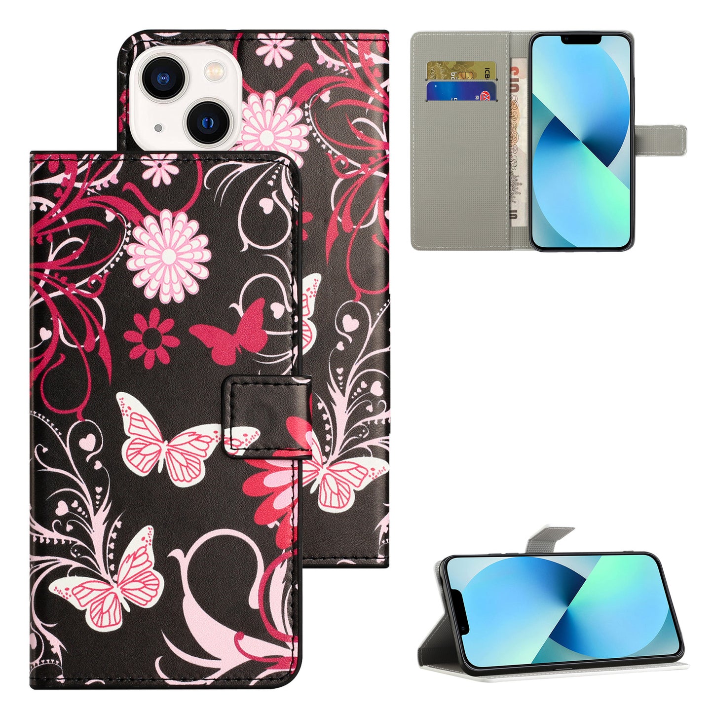 Uniqkart for iPhone 15 Pattern Printing Flip Case PU Leather Stand Wallet Phone Cover - Black / Butterflies