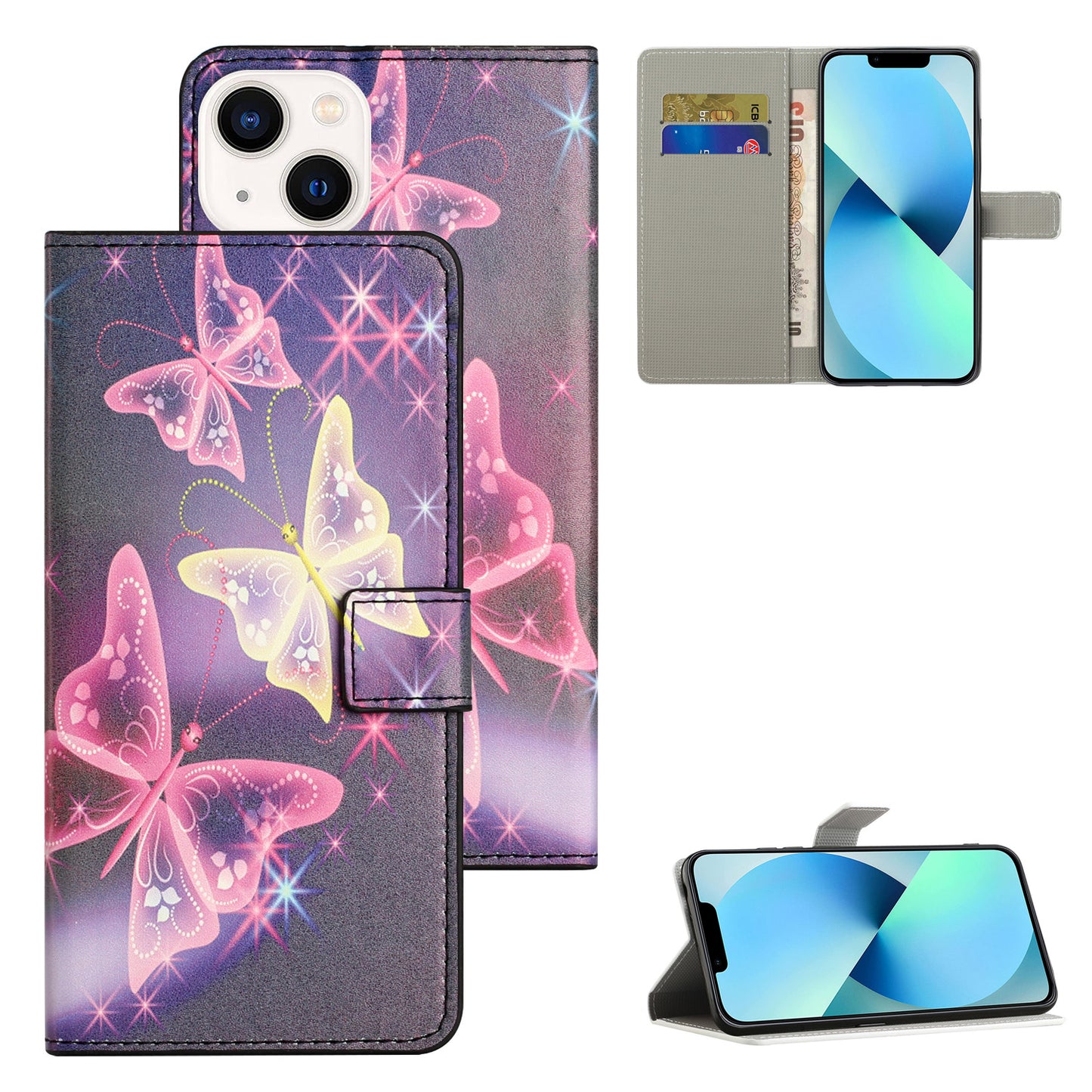 Uniqkart for iPhone 15 Pattern Printing Flip Case PU Leather Stand Wallet Phone Cover - Sparkle Butterflies